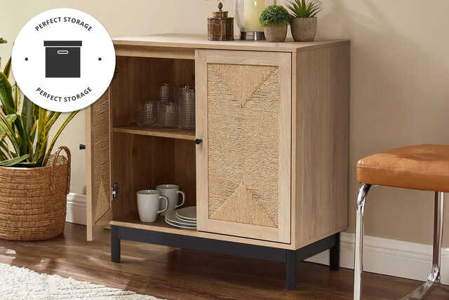 Rustic Wooden Cabinet with Woven Doors - Natural Colour!