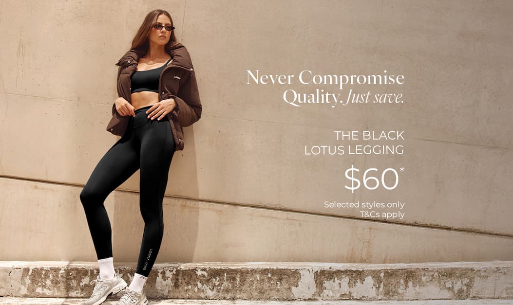 Woman in black leggings and brown puffer jacket, advertising "The Black Lotus Legging" for $60.