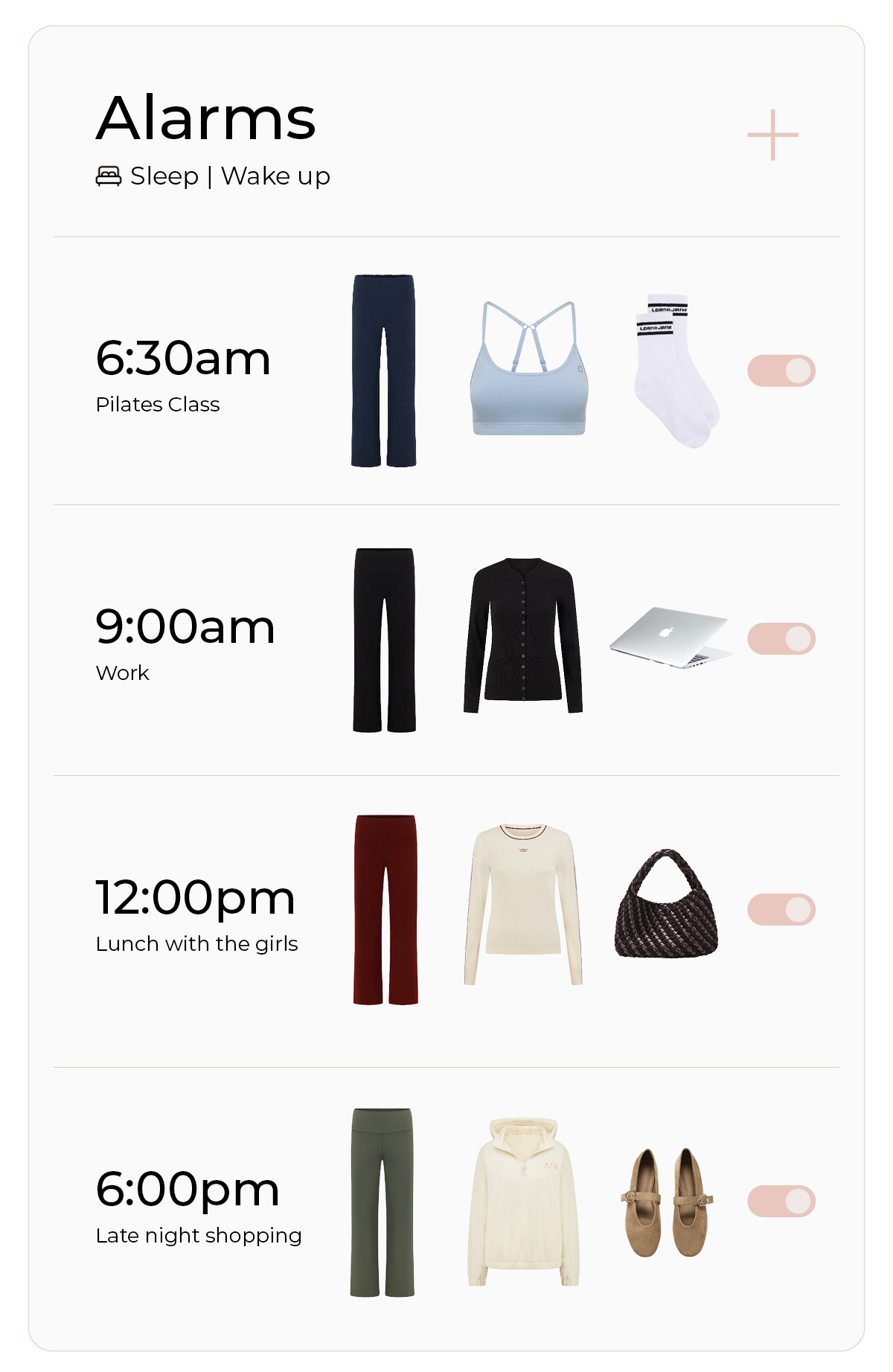 Daily alarm schedule styling All Day Pants across four outfits: Pilates, work, lunch, and shopping.