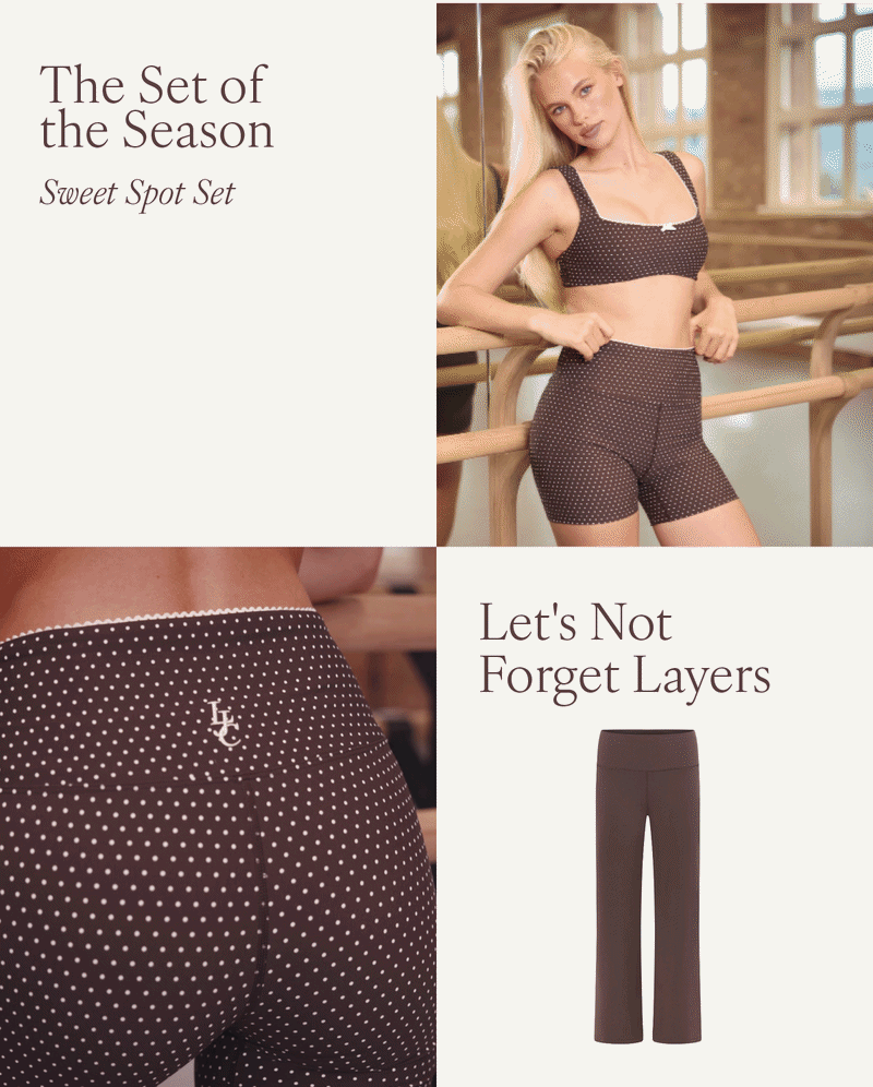 The Set of the Season, Sweet Spot Set. Woman in brown polka dot bra and bike shorts at a ballet barre.