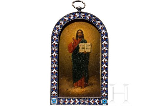 Ikone mit dem Christus Pantokrator mit Cloisonné-Email…