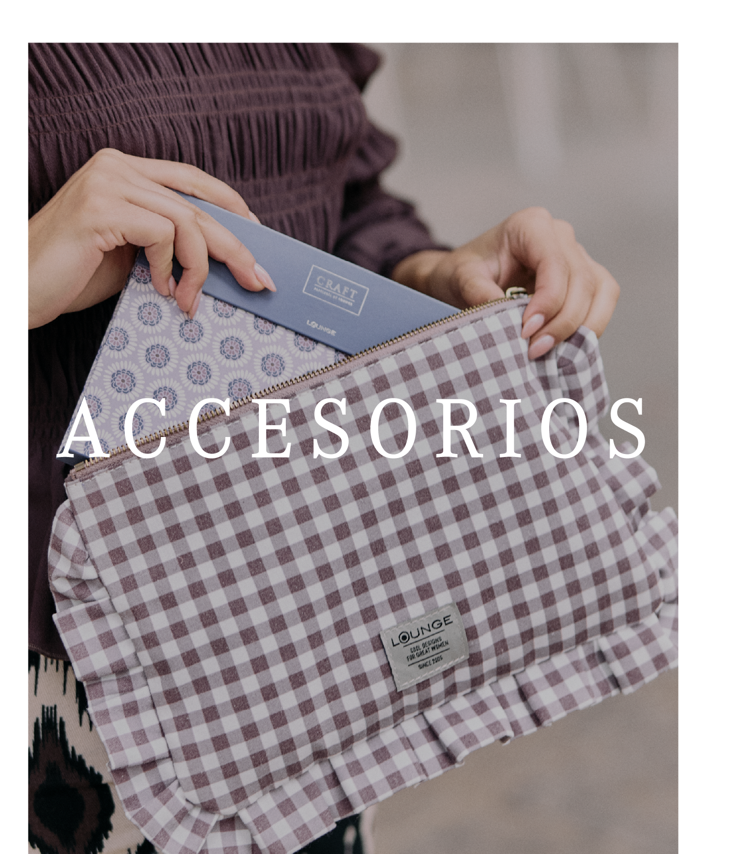 an image of a woman holding a purse with a checkered pattern