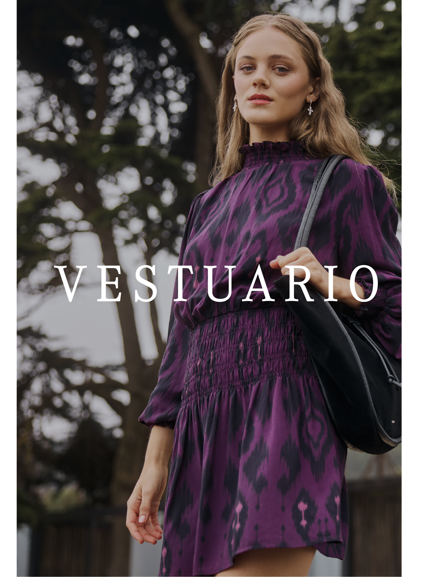 an image of a woman in a purple dress with a black bag