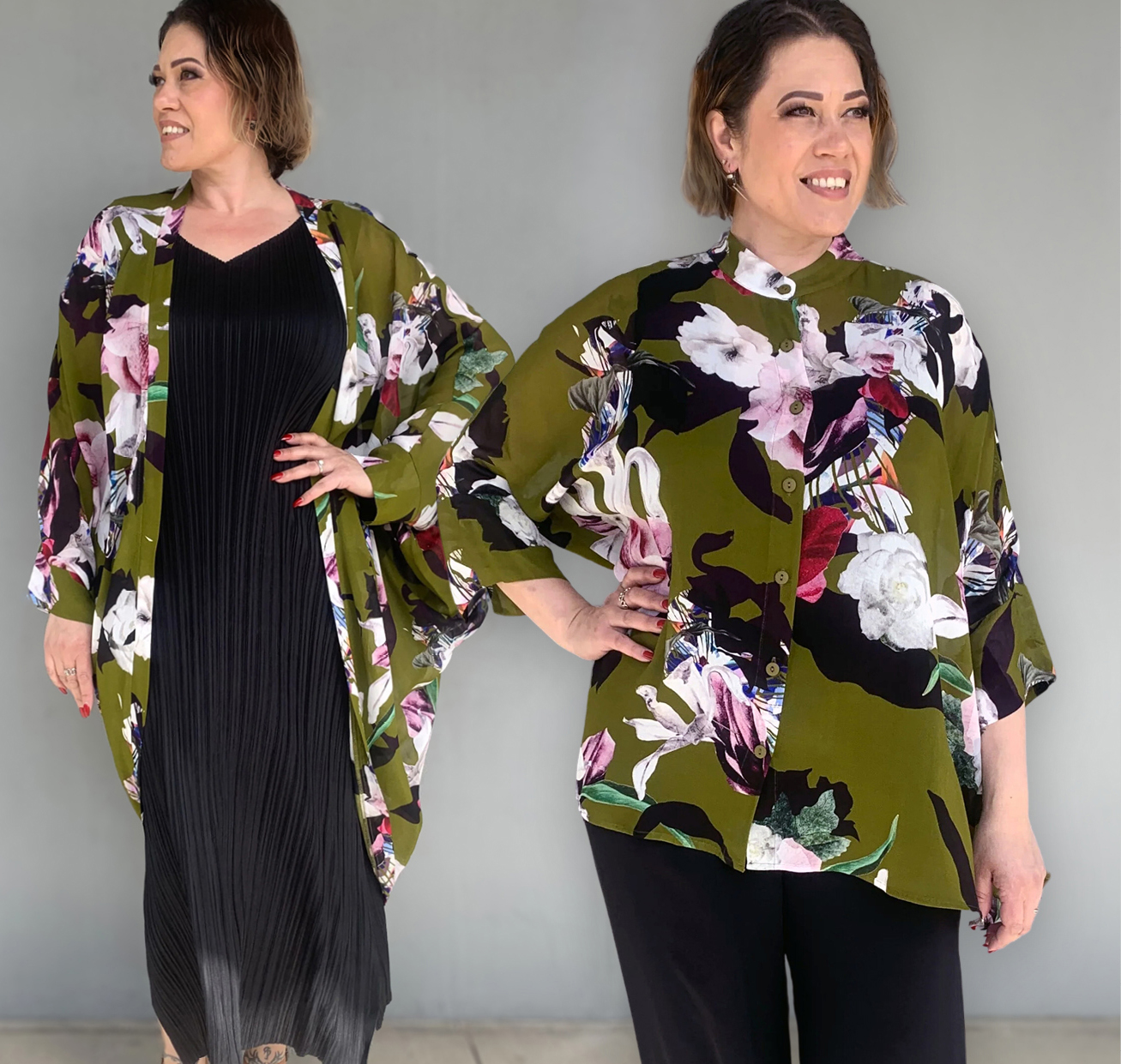 Swann Kimono and Luna Top in Olive Floral Print  Wear with Alquema Corbata Dress in Black