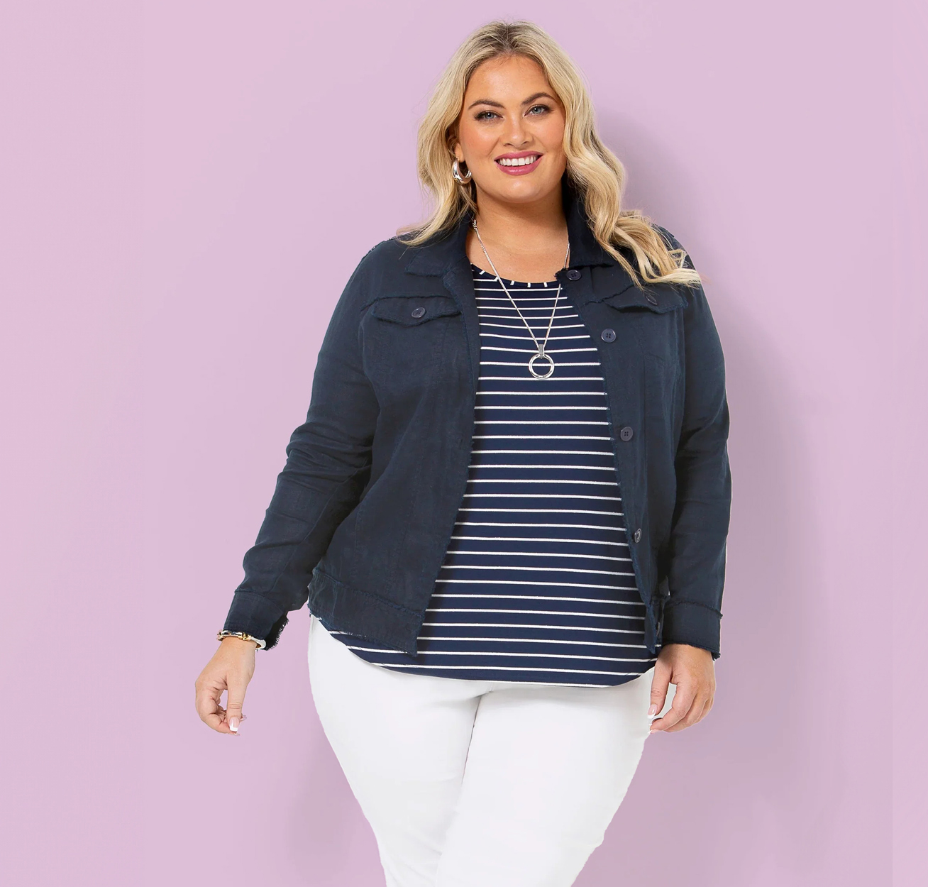 Linen Fray Jacket in Navy  Sizes 12-26