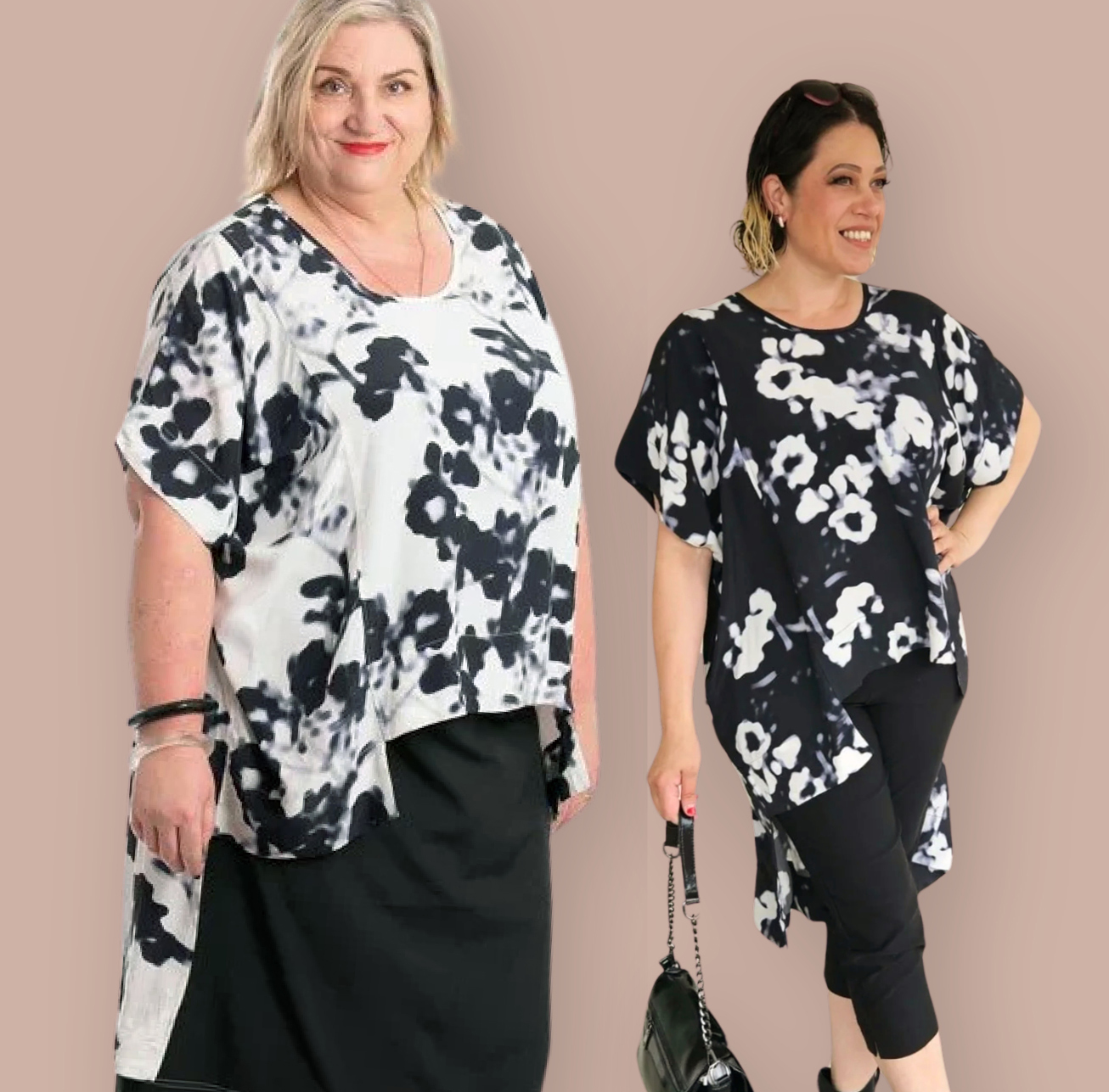 Abstract Top  A striking statement piece with edgy paneling and unique hemlines. Featuring a blurred black-and-white floral print and flattering sleeve length, it pairs perfectly with pants or layers effortlessly over a longline slip.