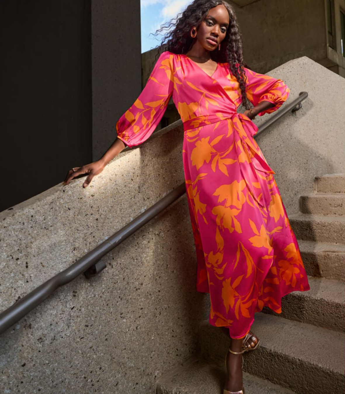 Satin Floral Print Wrap Dress. Sizes to fit 10-24. Pink/Orange floral