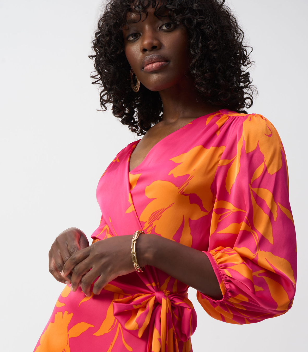 Satin Floral Print Wrap Dress. Sizes to fit 10-24. Pink/Orange floral