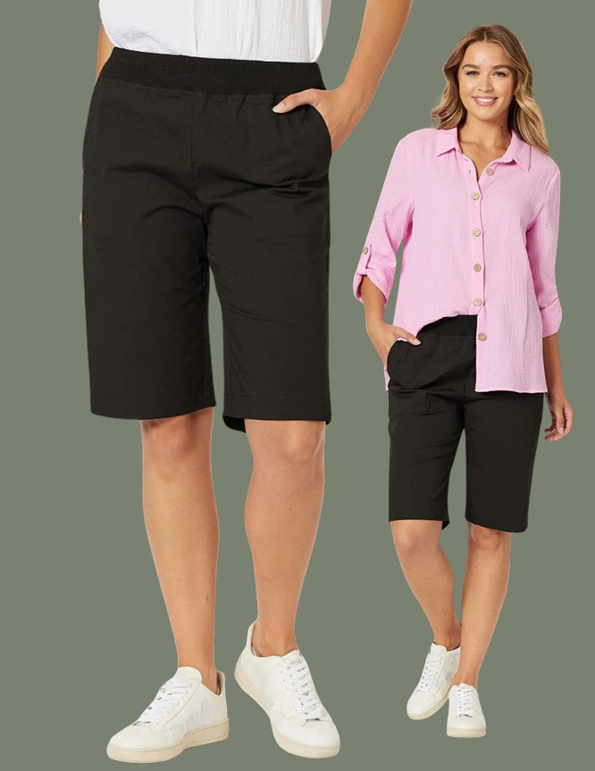 WEAR WITH THREADZ Santorini Short. Sizes 10-20  A fresh twist on the best-selling Santorini Pant, these knee-length shorts combine comfort and style. Featuring a pull-on design with a ribbed elastic waistband and handy side pockets, they’re perfect for effortless summer dressing.