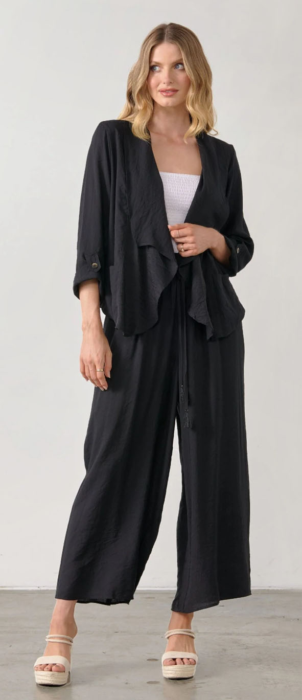 HOLMES AND FALLON  Back Feature Jacket and Wide Leg Pant  Black, Navy and Silver. Sizes 10-18