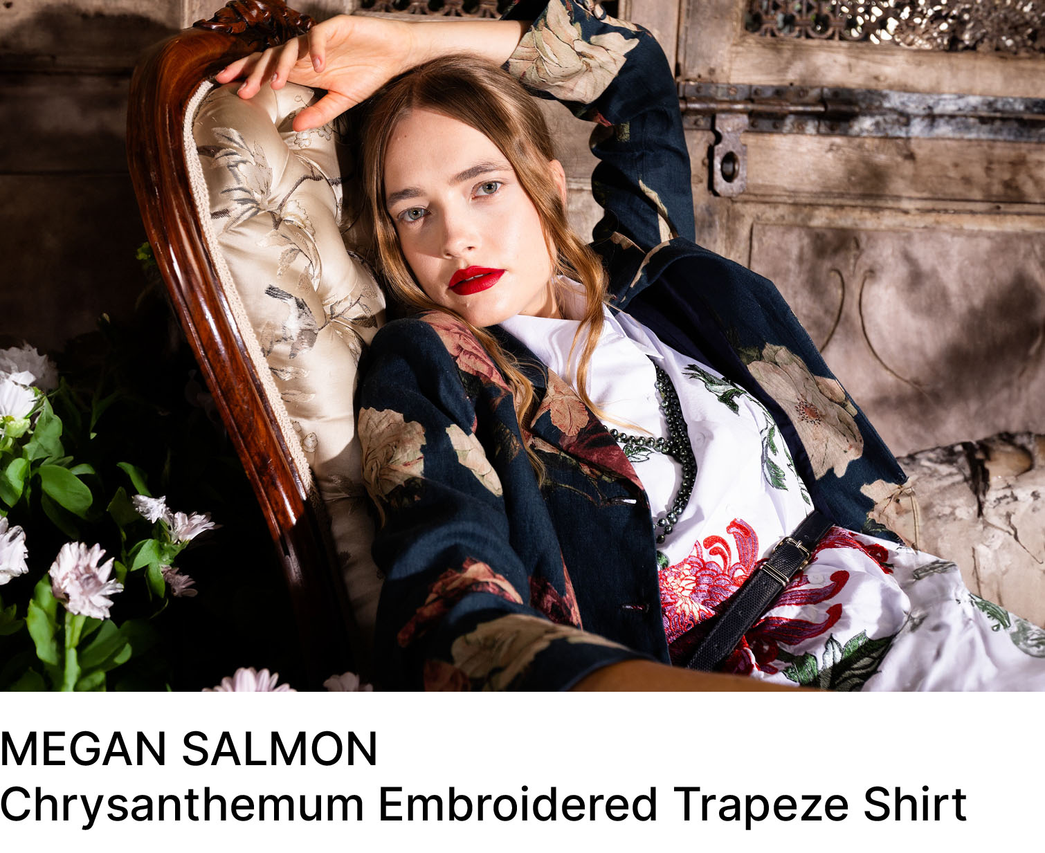 Megan Salmon - M6345 Chrysanthemum Embroidered Trapeze Shirt