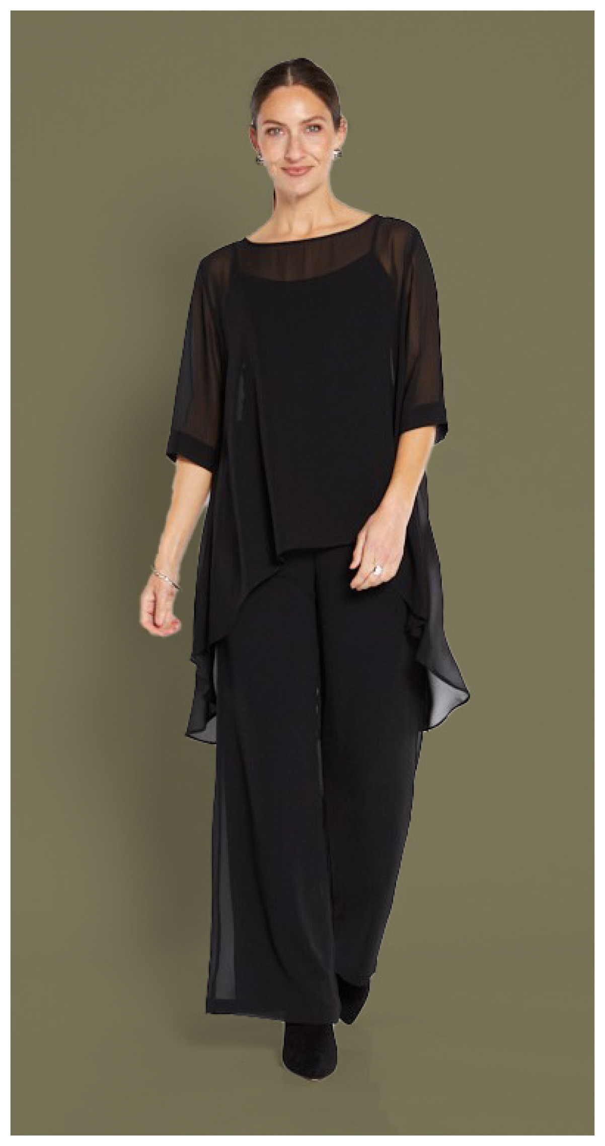 ALI 3/4 Sleeve Hi-Low Tunic with Cami Sizes 10-18  ROMA Full Length Wide Chiffon Pant Sizes 10-24