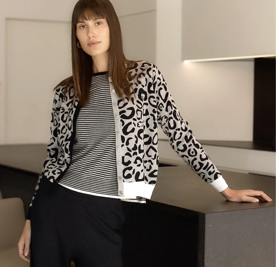 LEOPARD CARDI  Striking monochrome tones, contrasting trim.