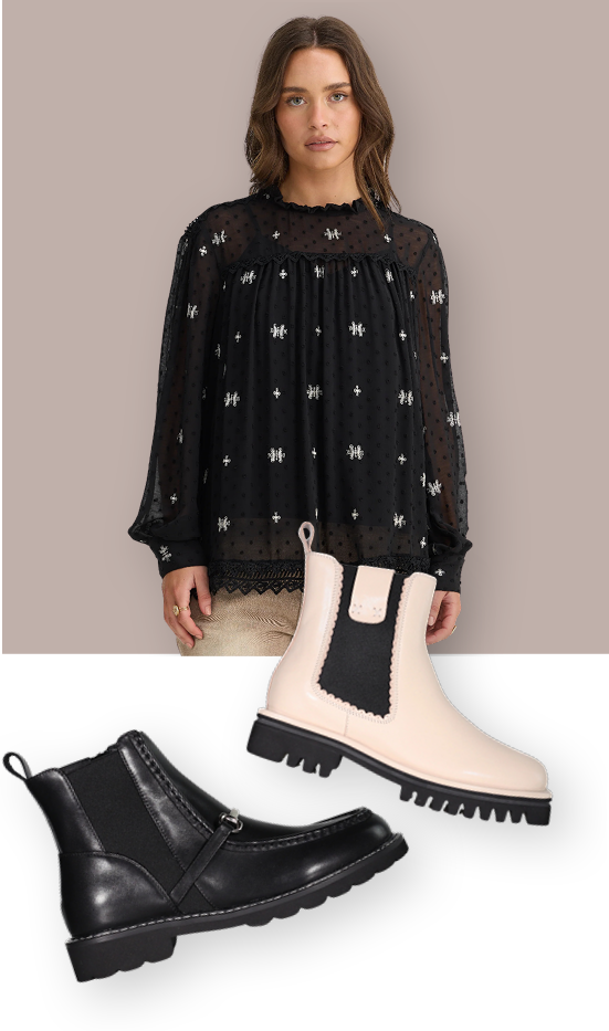 Talisman Ellidy Blouse  WAS $239 NOW $71.70  Minx Demi Ankle Boot  WAS $319 NOW $95.70  Minx Rylan Boot  WAS $299 NOW $89.70  Raven Sway Skirt  WAS $329 NOW $98.70
