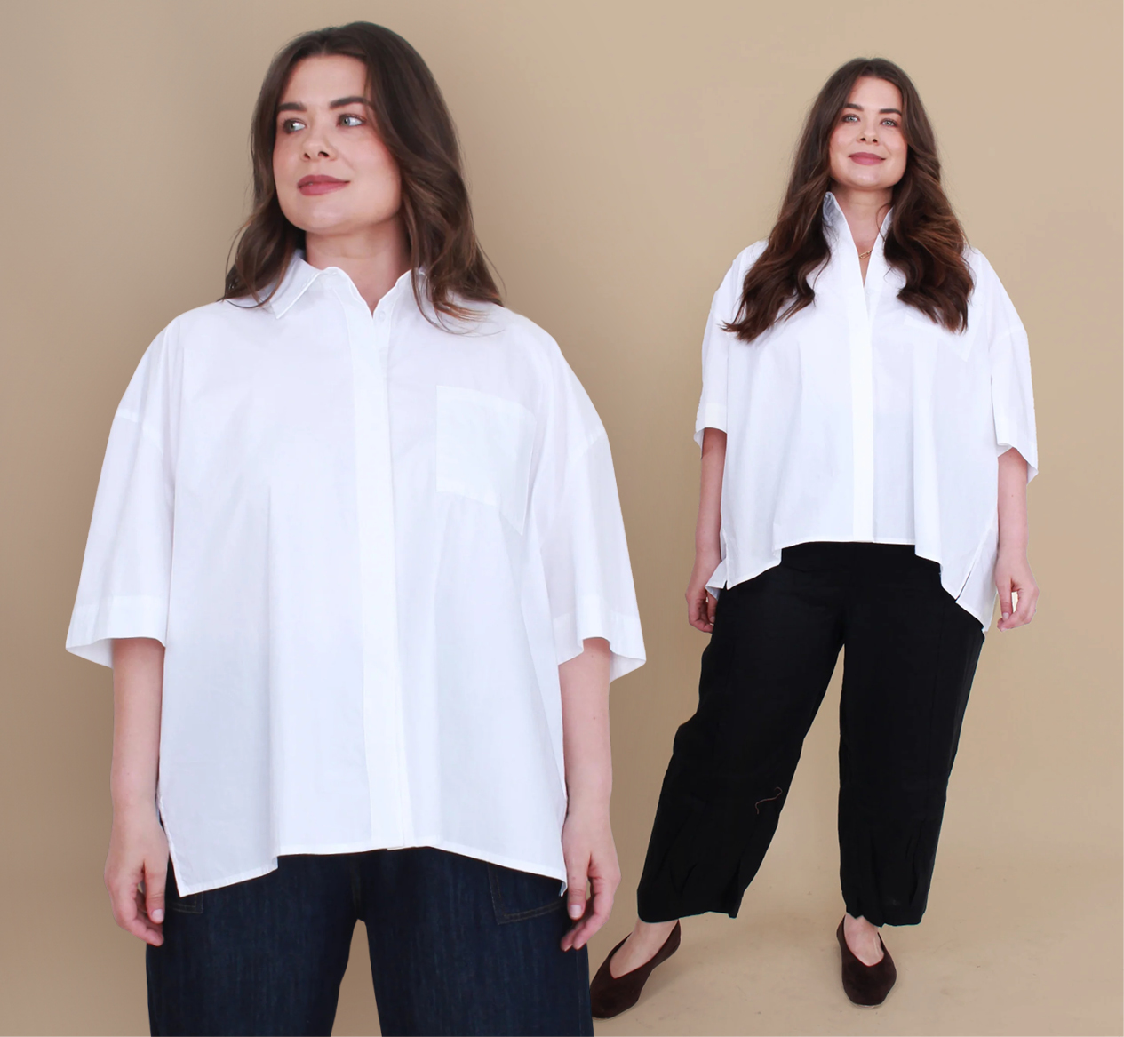 Gloria Pleated Shirt 100% Cotton.   White (also in Black). Sizes to fit 10-24. Helen Cuff Pant 100% Linen. Black (also in Navy, Khaki and White). Sizes to fit 10-24.