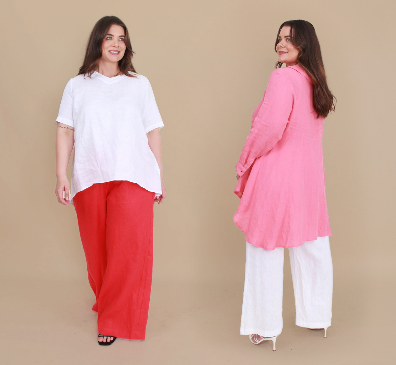 Resort Palazzo Pant 100% Linen with Cotton Knit Waistband. Red and White (also in Black and Ink). Sizes to fit 10-24/26. Melinda Swing Shirt 100% Linen. Melon (also in White). Sizes to fit 10-24.
