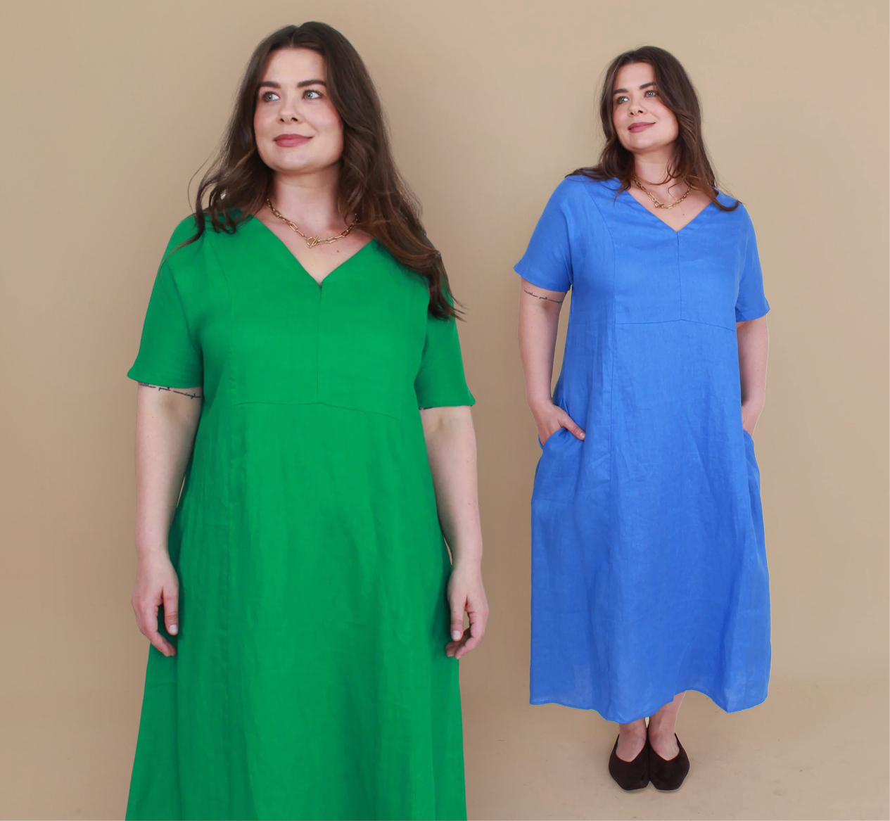 Wendy V-Neck Dress 100% Linen.   New in Emerald and Cornflower (plus Khaki) Also in Verde, Slate and Black  Sizes to fit 10-22/24.