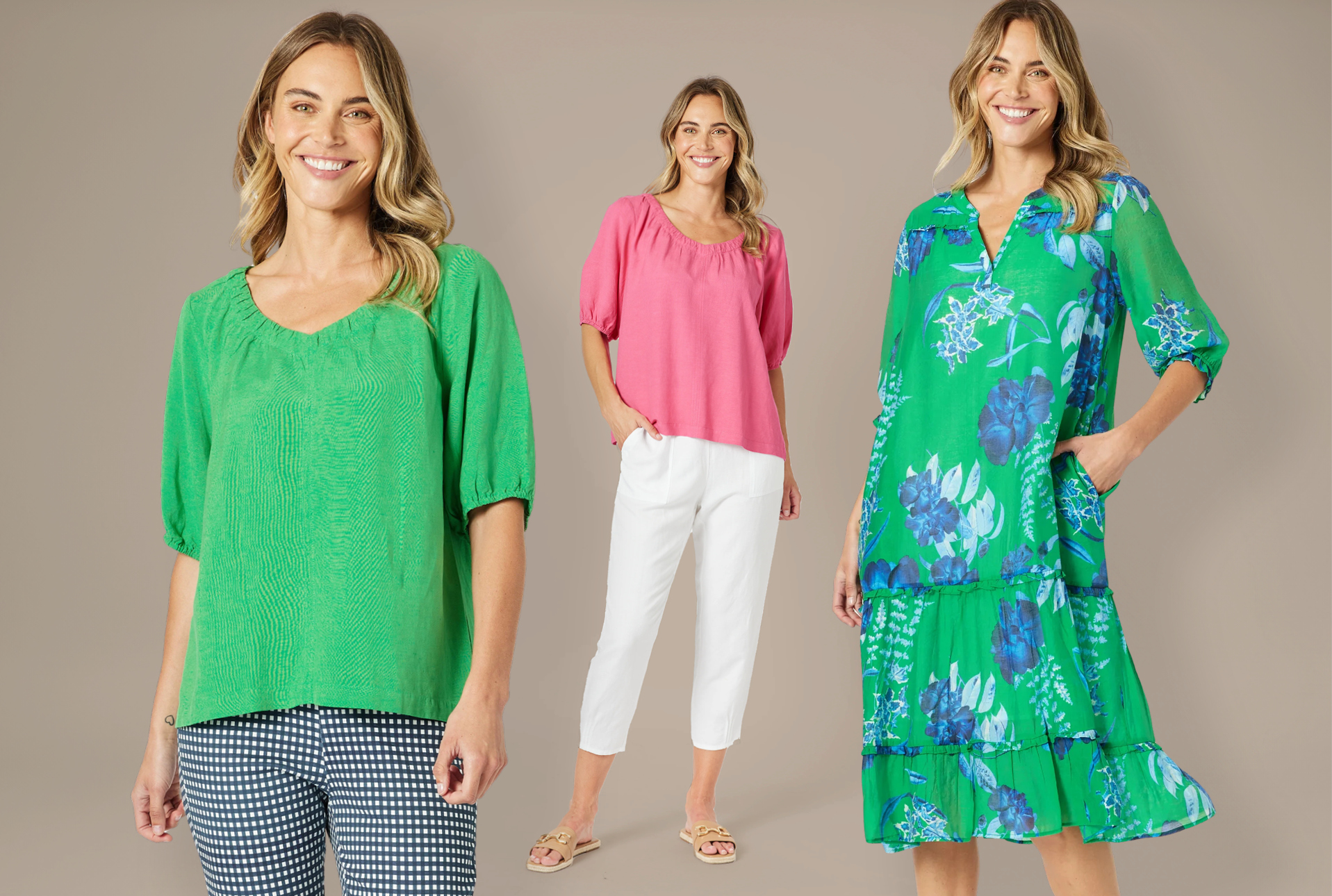 NEW Gordon Smith The Lino V Neck Top in Elm and Peony (worn with Sarah Pant in White) and Garden Bloom Dress. Sizes 10-20