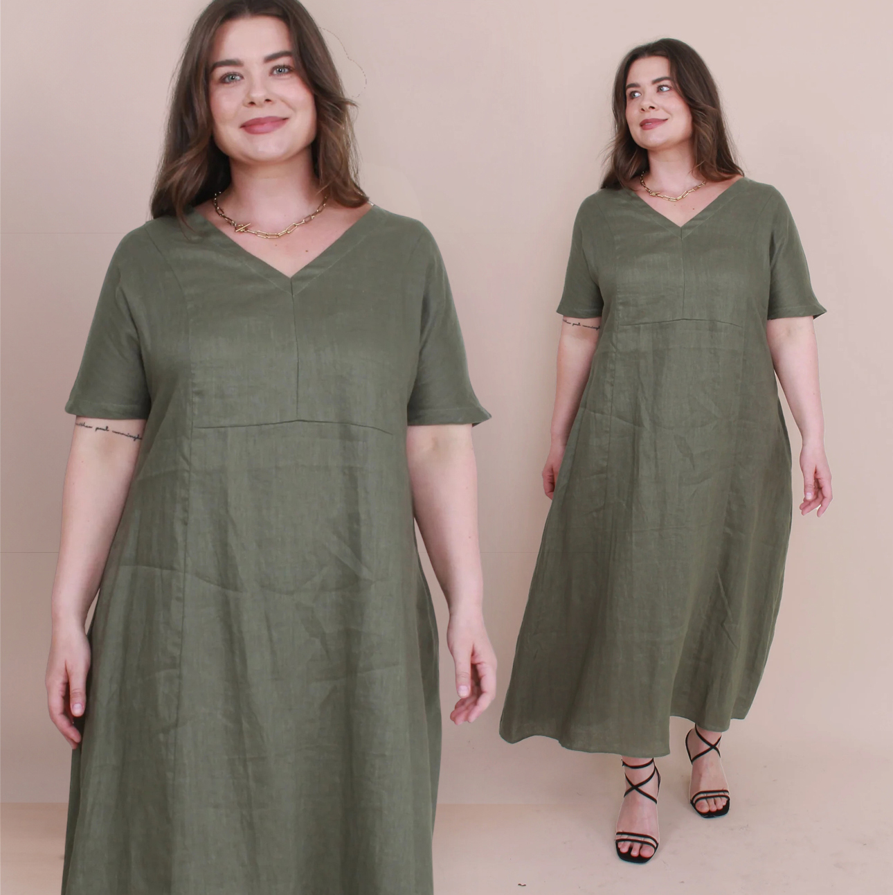Magazine Wendy V-Neck Dress  100% Linen. Sizes to fit 10-22