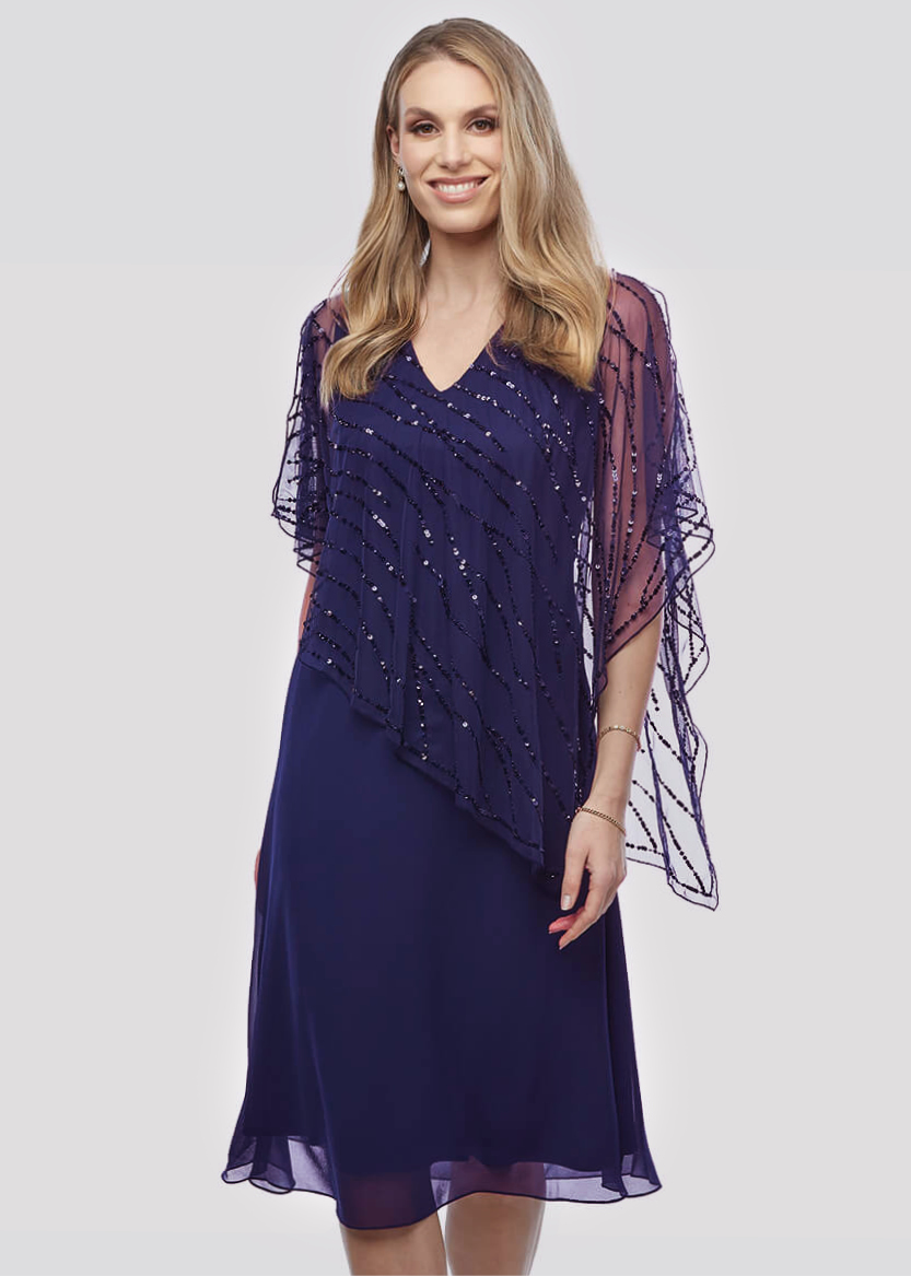 Jesse Harper Chiffon Dress with Beaded Cape (Sizes 10-24)