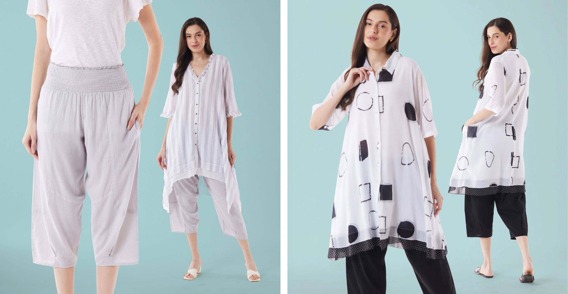 Capri Pant, Long Shirt and Geo Long Shirt. Sizes to fit 10-20