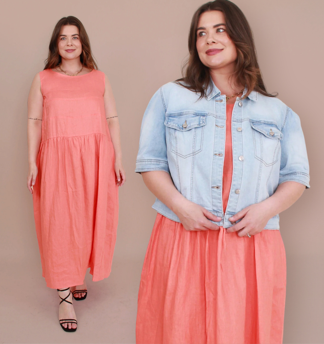 Magazine Sophie Sleeveless Dress in Persimmon, sizes to fit 10-22. Tribal Denim Jacket, sizes to fit 10-22, Gordon Smith Danielle Linen Jacket and Lino Blazer, sizes to fit 10-20