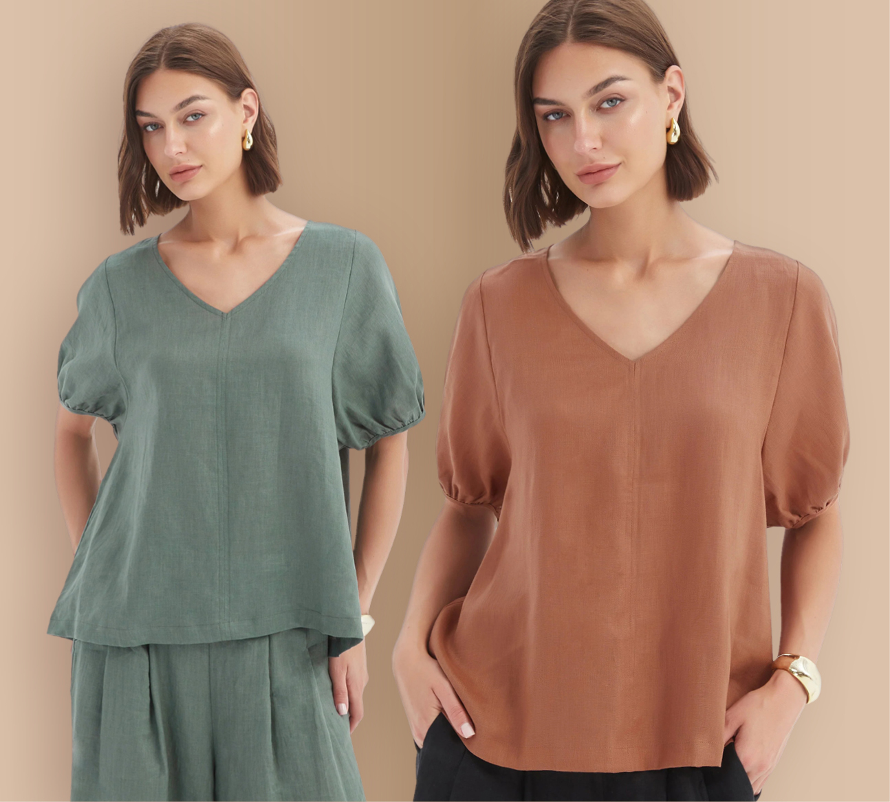 BISHOP SLEEVE TOP Relaxed fit in 100% French Linen, graceful puff sleeves, elevated everyday essential. Petrol or Cedar. Sizes to fit 10-18