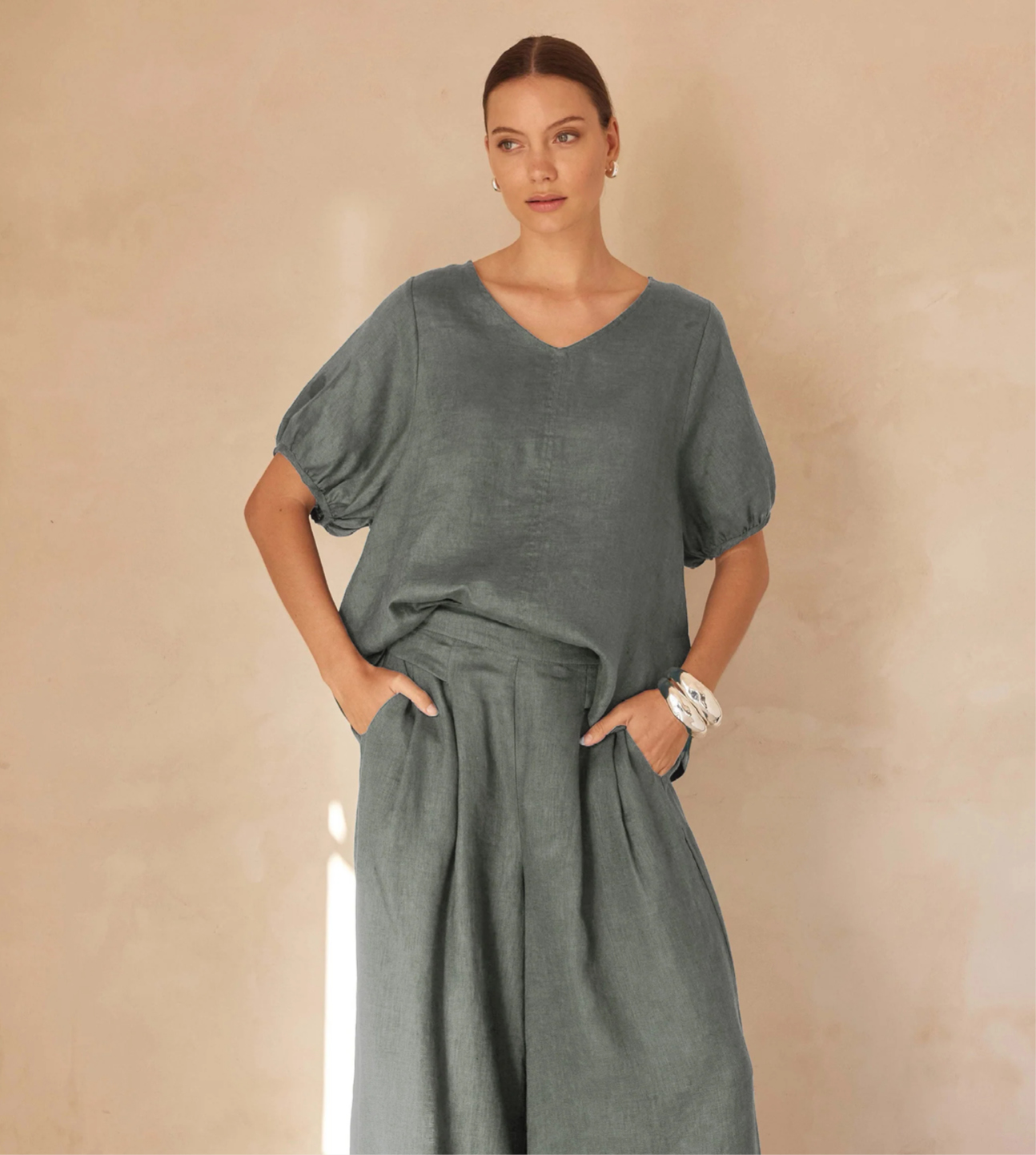BISHOP SLEEVE TOP Relaxed fit in 100% French Linen, graceful puff sleeves, elevated everyday essential. Petrol or Cedar. Sizes to fit 10-18
