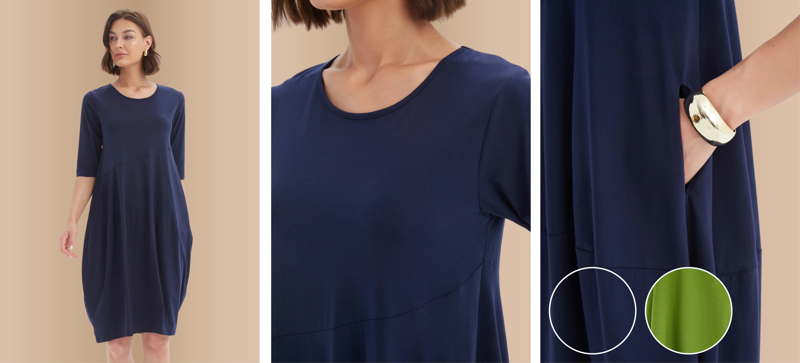 DIAGONAL SEAM DRESS This fan favourite is back, in a new, even softer fabric that drapes beautifully. (95% Cotton/5% Elastane.) Navy and Avocado Green. Sizes to fit 10-18