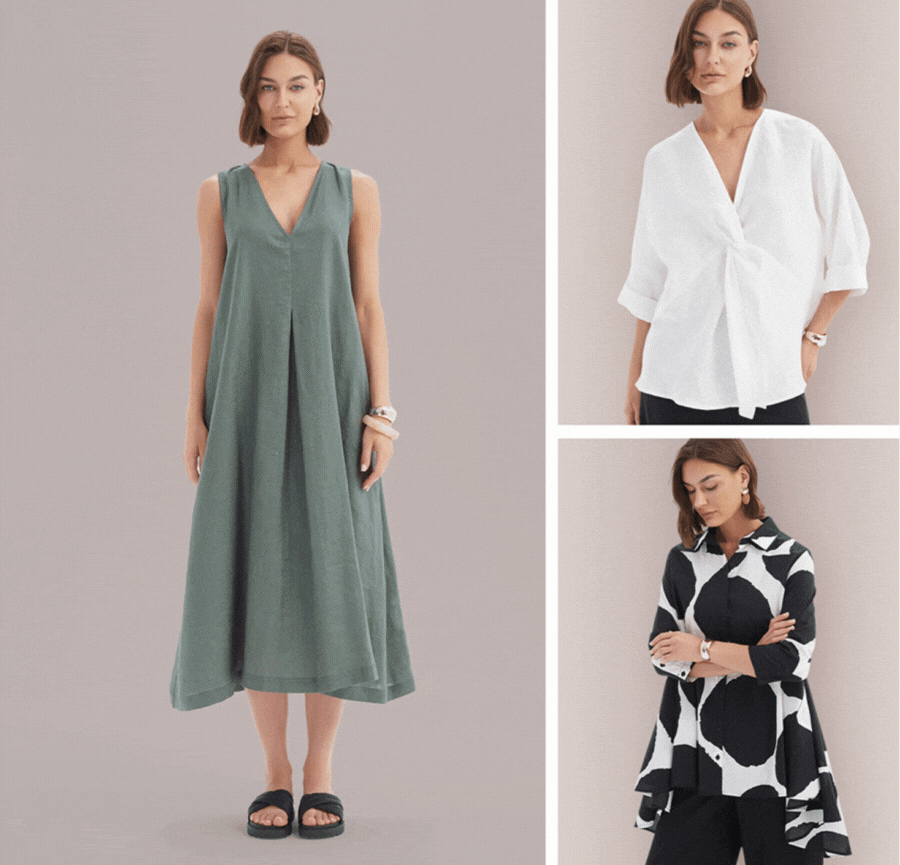 INVERTED PLEAT DRESS 100% French Linen in Petrol.  TWIST FRONT TOP 100% French Linen in White.   SWING BACK SHIRT 100% Cotton in Black & White Spot.  All in sizes to fit 10-18