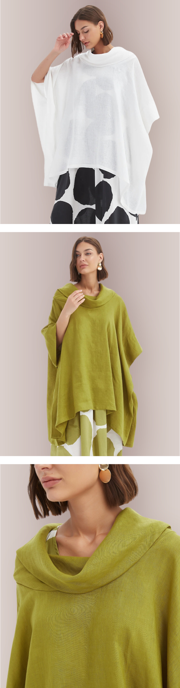 OVERSIZED COLLAR PONCHO Statement cowl neck and wide sleeves in lightweight Linen make this a versatile and sophisticated layering piece. French Chartreuse or White. One size fits 10-24.
