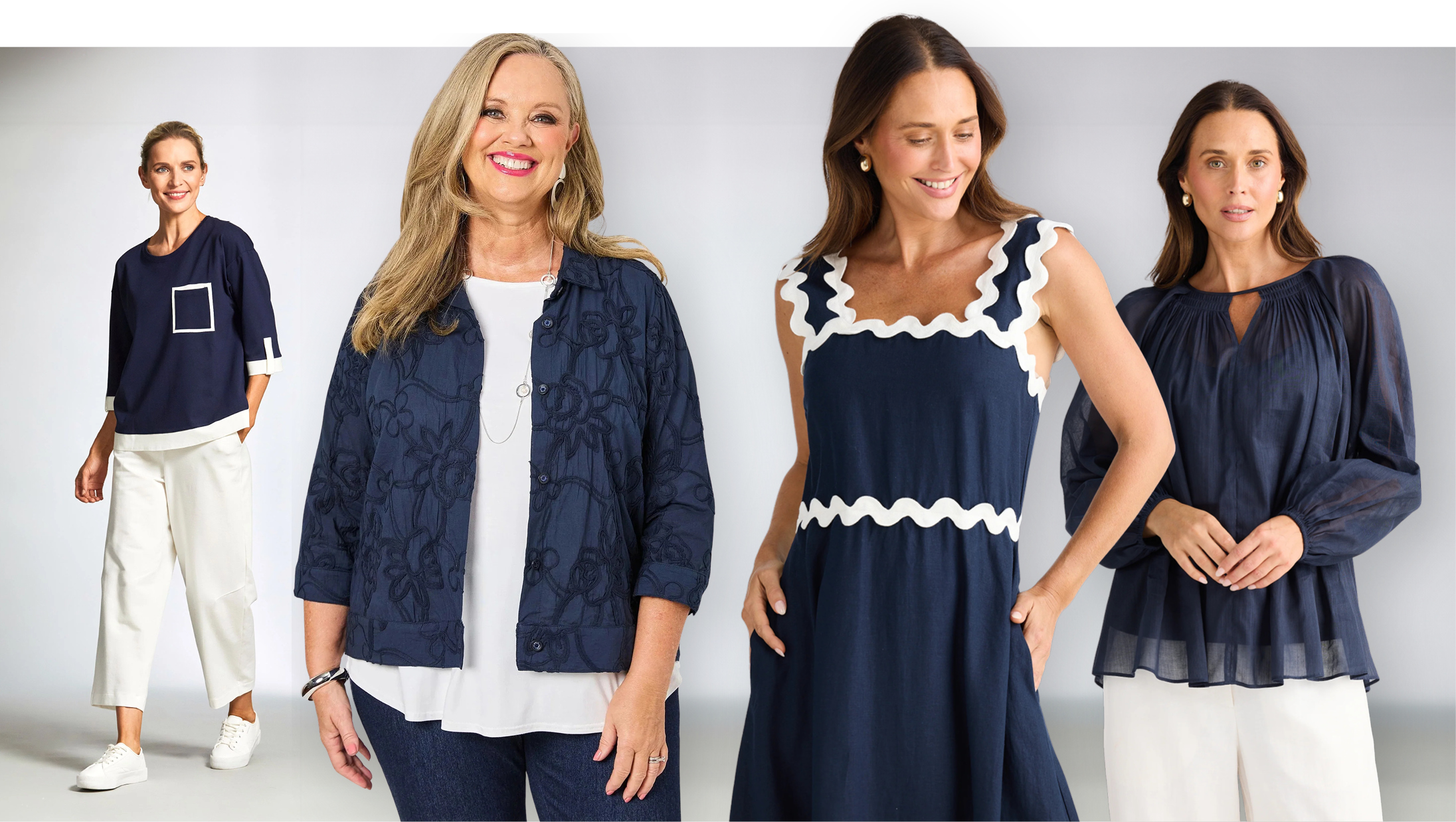 Peruzzi Contrast Panel Top, sizes 10-18, Swish Design Jacket, sizes to fit 12-26, Brave and True Marlo Midi Dress and Raphael Top, sizes to fit 10-18