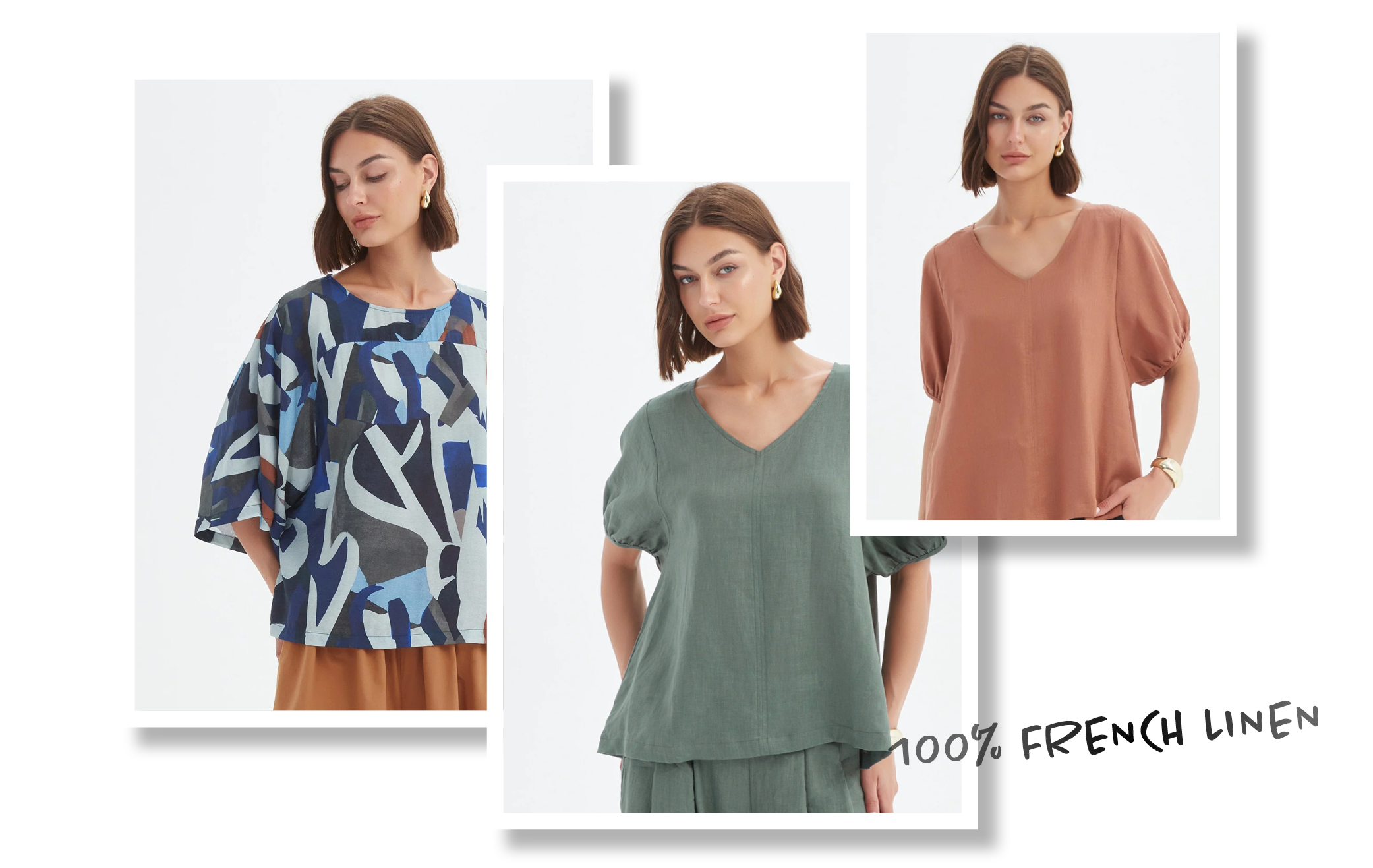   TIRELLI Wide Sleeve Print Top and Bishop Sleeve Top in Sage or Cedar. Sizes 10-18