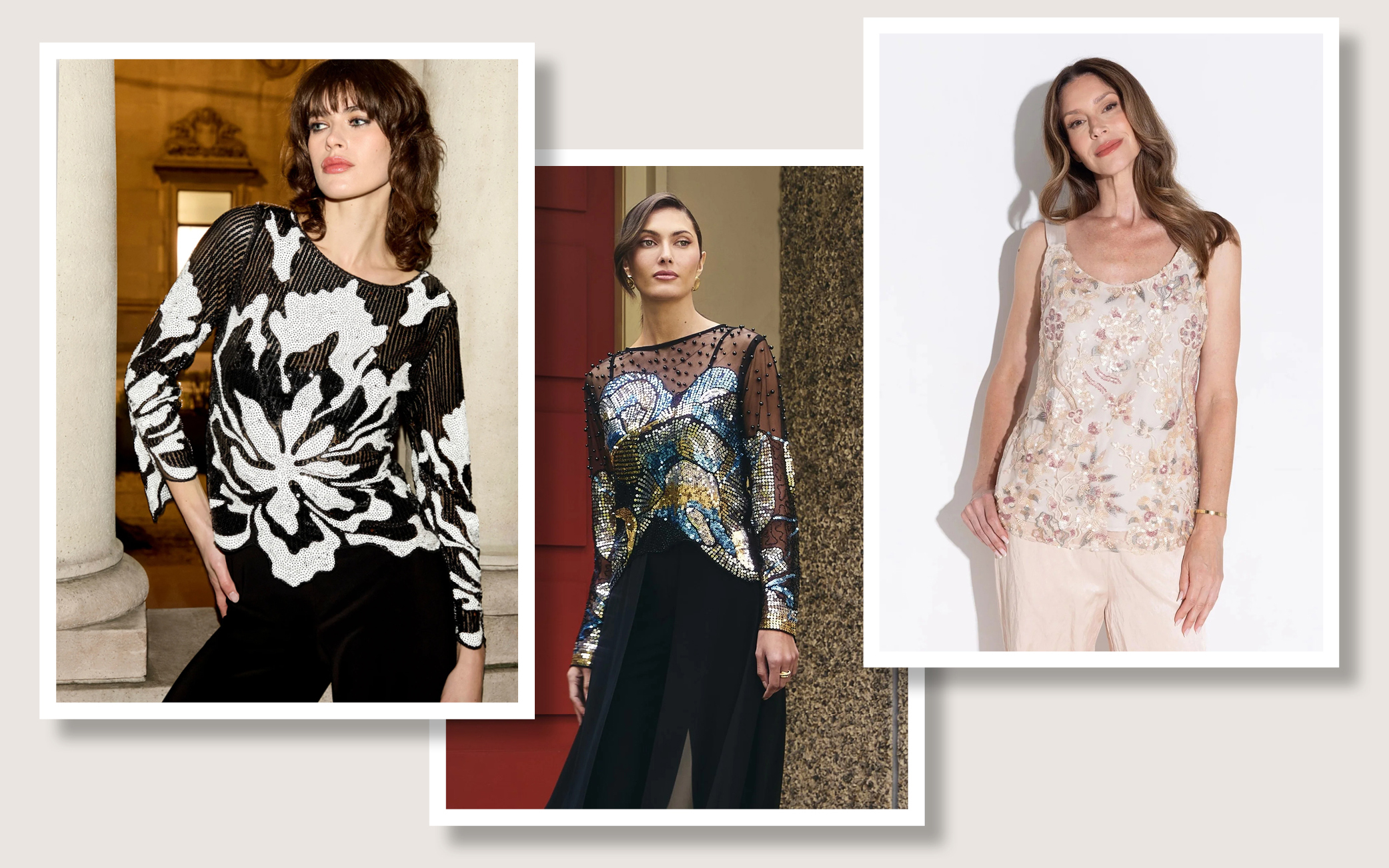 FRANK LYMAN Floral Sequin Top, sizes to fit 10-18, Art Deco Sequin Top, sizes to fit 10-18 and KAMARE Jewel of the Sea Beaded Cami, sizes 10-18