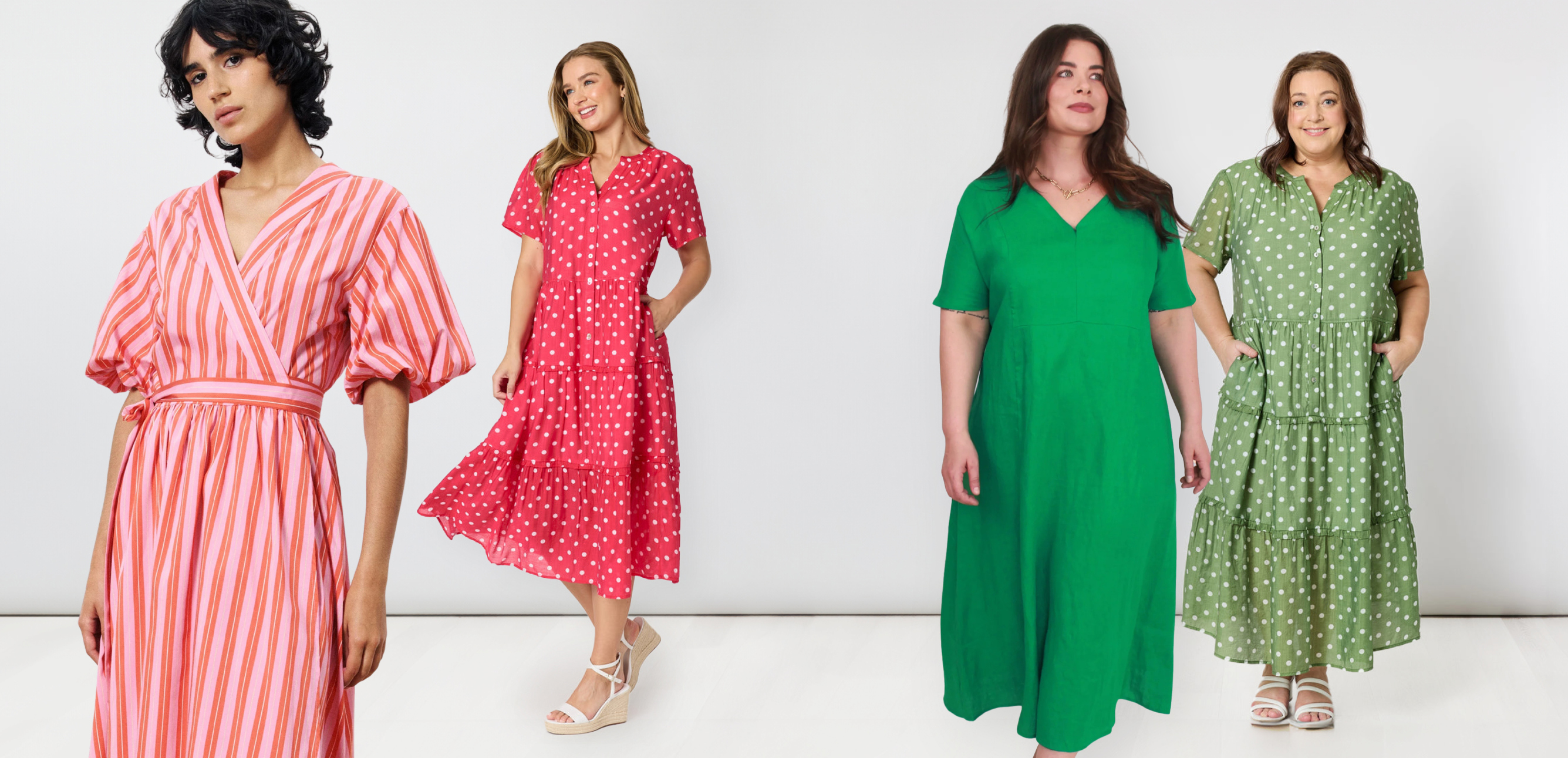 FRNCH Edmonise Dress, sizes to fit 10-16, Gordon Smith French Rose Dress, sizes to fit 10-20, Magazine Wendy V-Neck Dress, sizes to fit 10-22 and Gordon Smith Basil Spot Dress, sizes to fit 10-18.