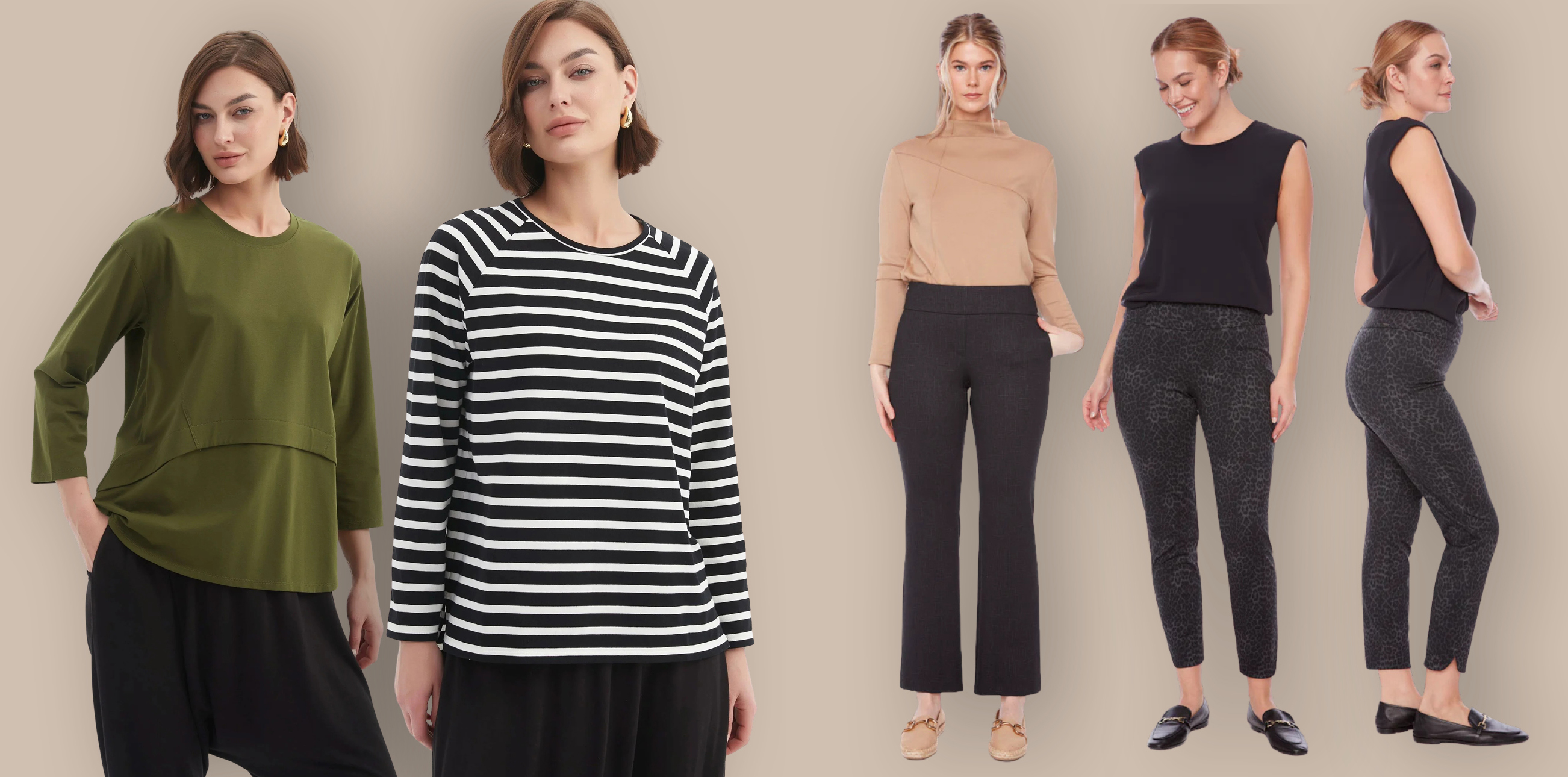 Tirelli Curved Seam Top in Khaki (also in Black), Stripe Long Sleeve Weekend Tshirt  and Up Pant Tummy Control Pant and Printed Ponte Pant