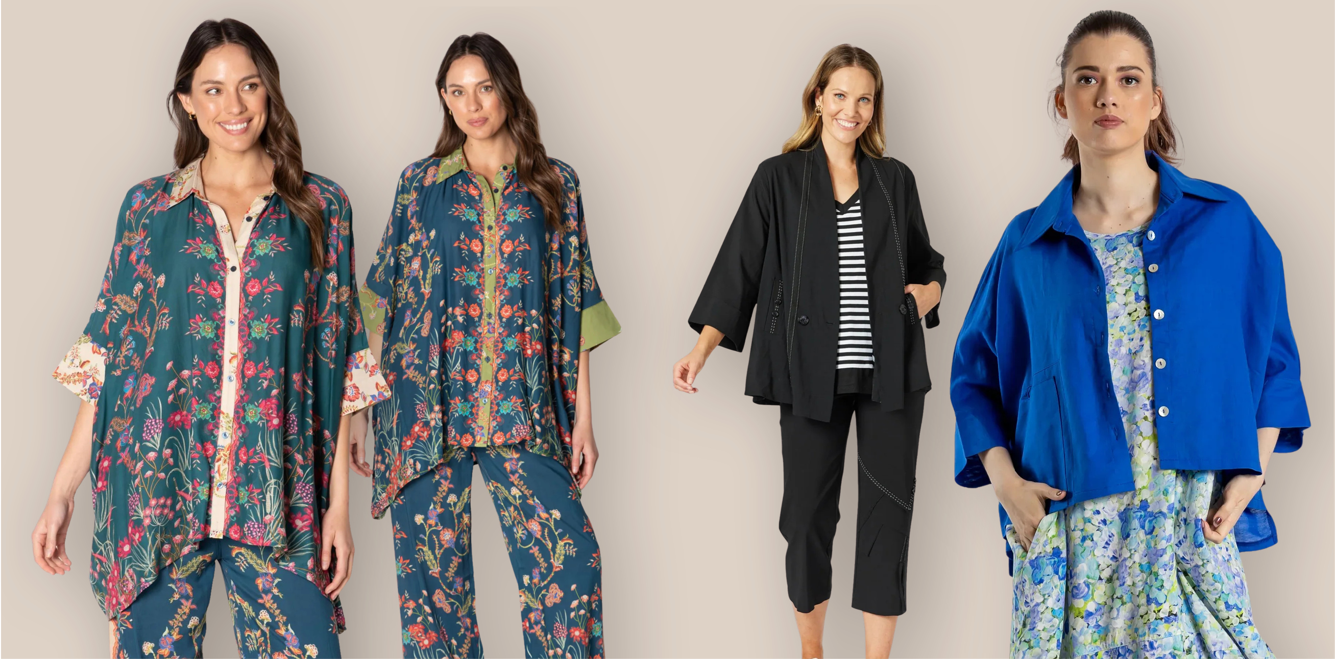 Lula Soul Barcelona Kaftan in Navy or Forest, Clarity Tribeca Jacket and Pants and   Jellicoe Marlee Top in Cobalt (also in Apple)