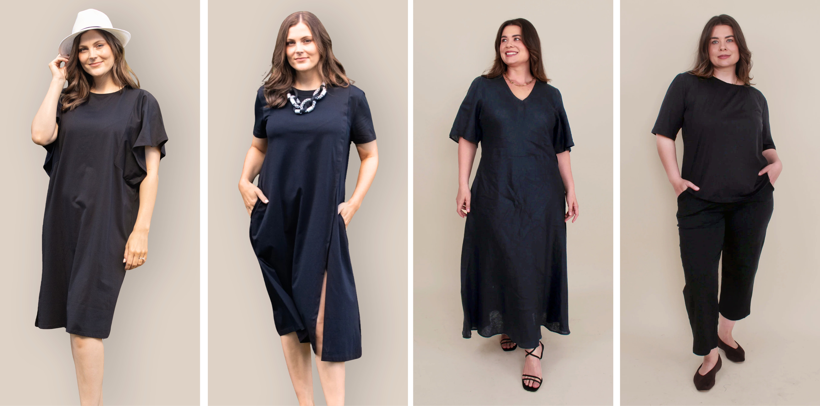 White on Black Flounce Dress and Elise Dress, Magazine Verity Bias Midi Dress in Black (also in Fuschia) and White on Black Relaxed 7/8 Pant, sizes to fit 10-16