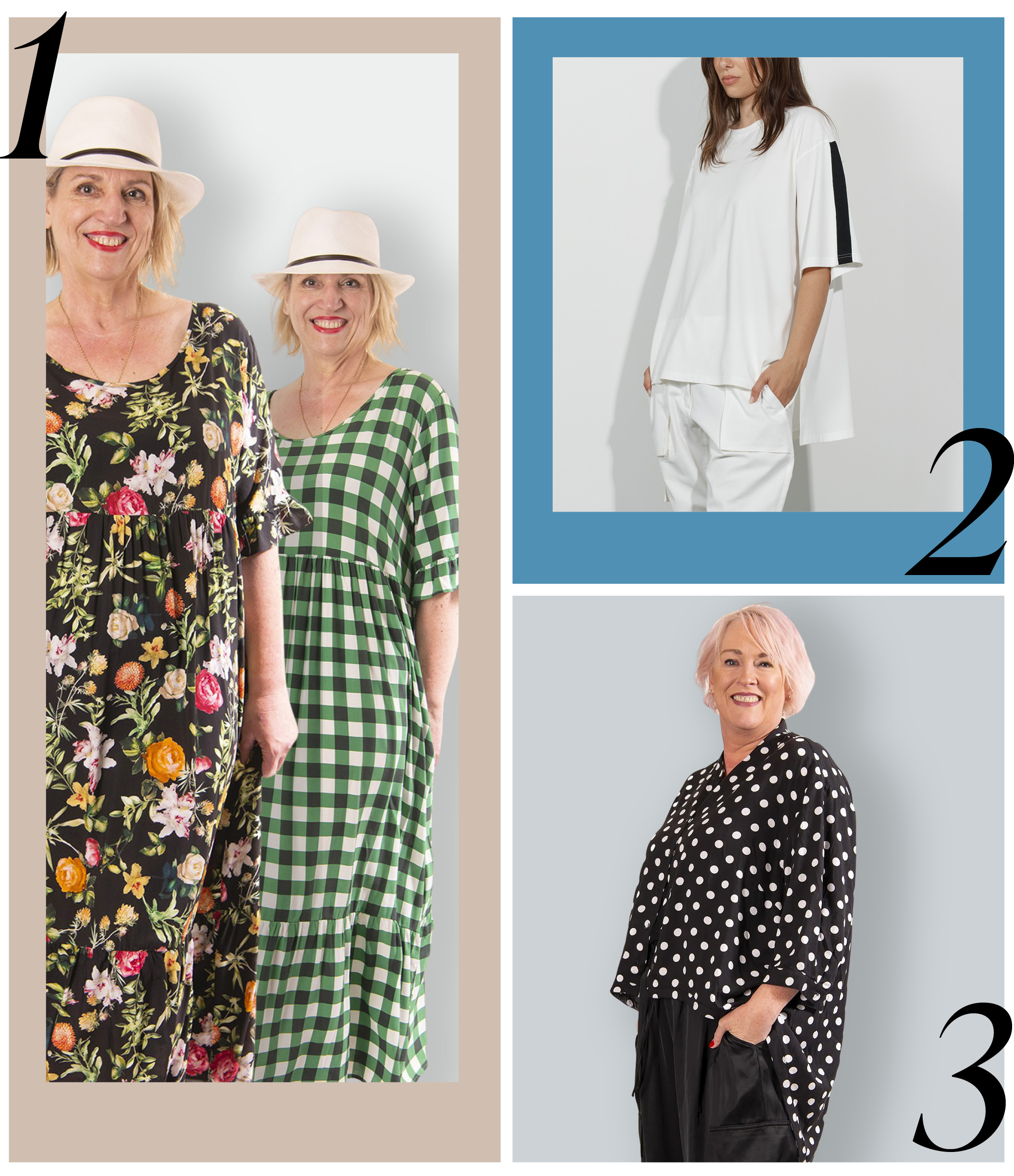 1: Raven Lila Dress in Black Floral or Green Gingham. Sizes to fit 12-26  2: Dref by D Core Tee in White or Black. Sizes to fit 10-18  3: Raven Venice Shirt. Sizes to fit 12-26
