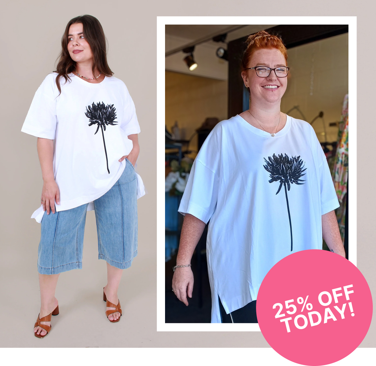 Mt Maunganui's Elizabeth wears the Raven Boxy Tee in White.   Sizes to fit 10-26. 