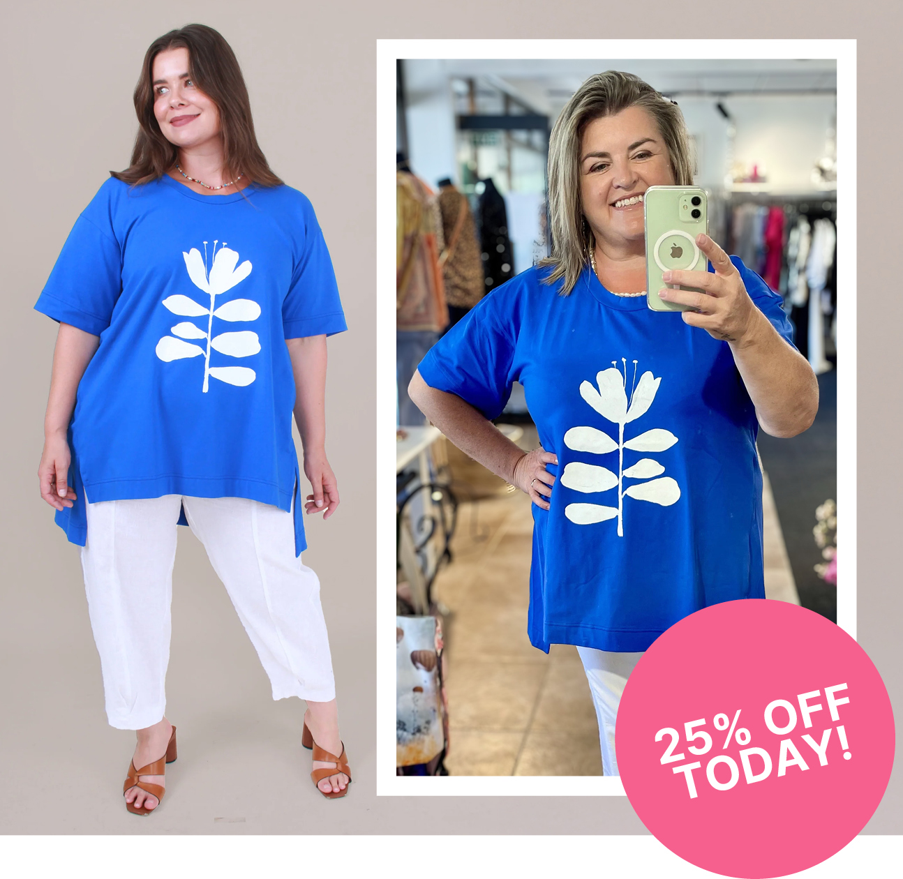 Christchurch's Jane wears the Raven Boxy Tee in Royal.   Sizes to fit 10-26. 