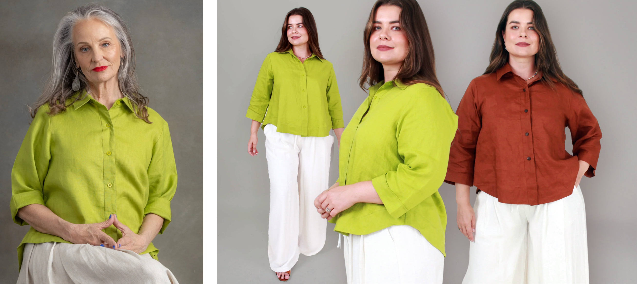 Flaxbloom Pandora Shirt. 100% Linen in Moss Green or Bark, sizes 10-18.