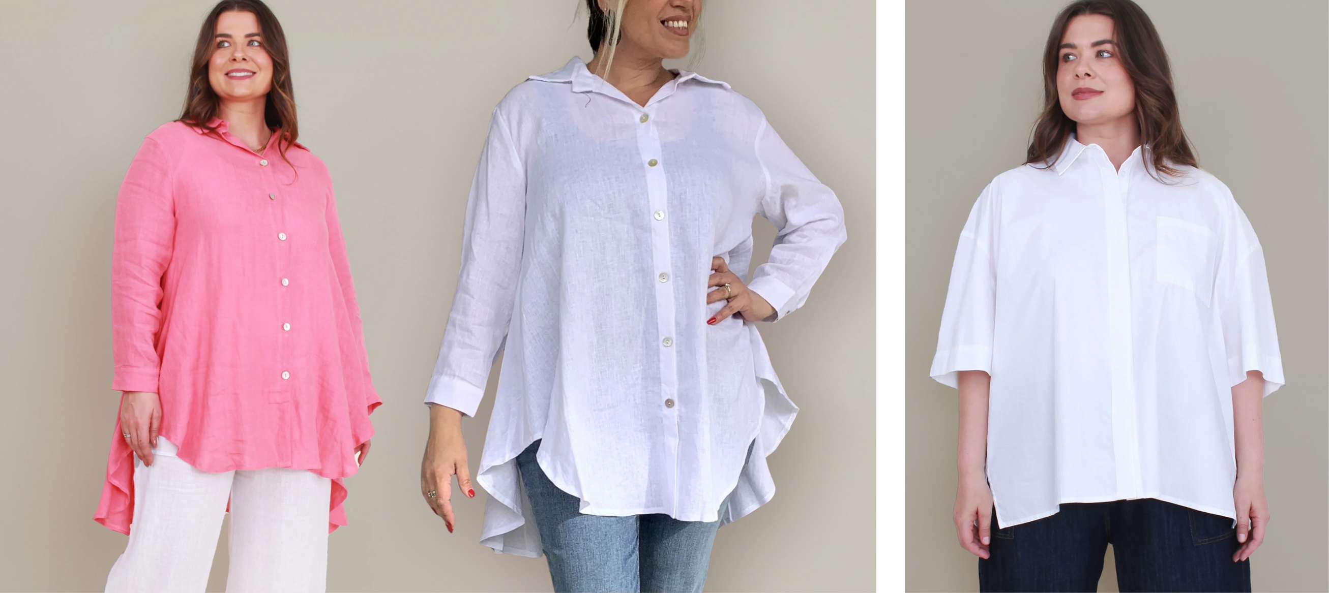 Magazine Melinda Swing Shirt. 100% Linen in Melon or White, sizes 10-22 and Mazazine Gloria Pleated Shirt. 100% Cotton, sizes 10-24.