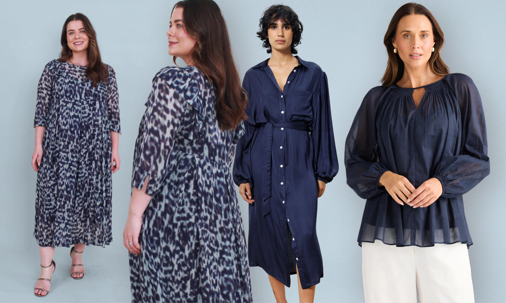 (Top) Talisman Solstice Dress, sizes 10-14 (Above) Niovara Adile Dress, sizes 10-24, FRNCH Furtive Haven Dress, sizes 10-16 and Brave and True Raphael Top, sizes 10-18.