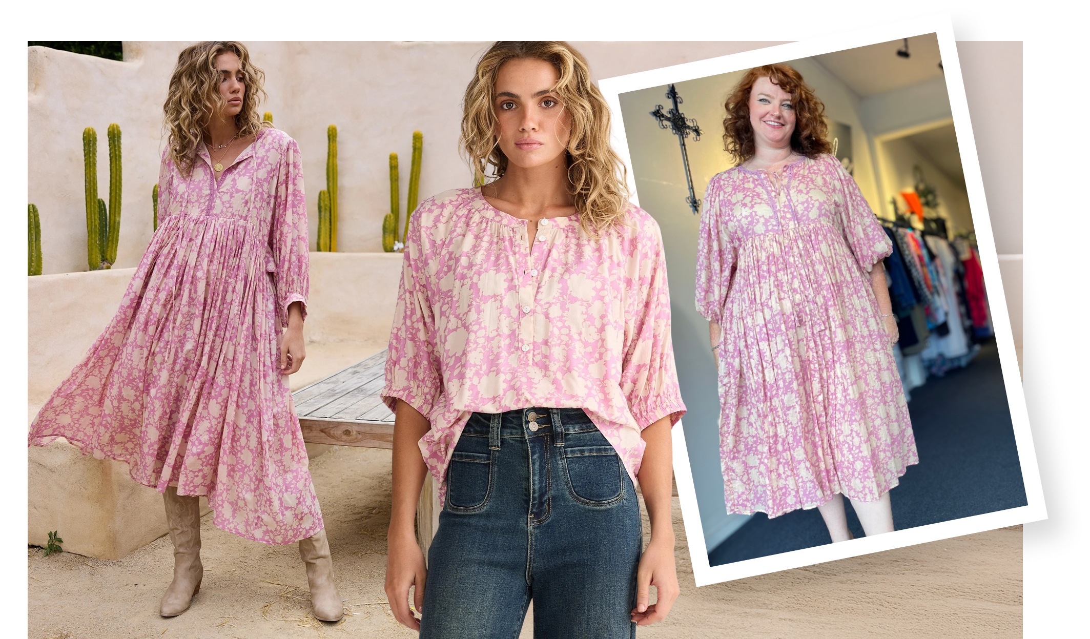 Talisman Wisteria Dress, sizes 10-18 and Rodeo Top, sizes 10-16.