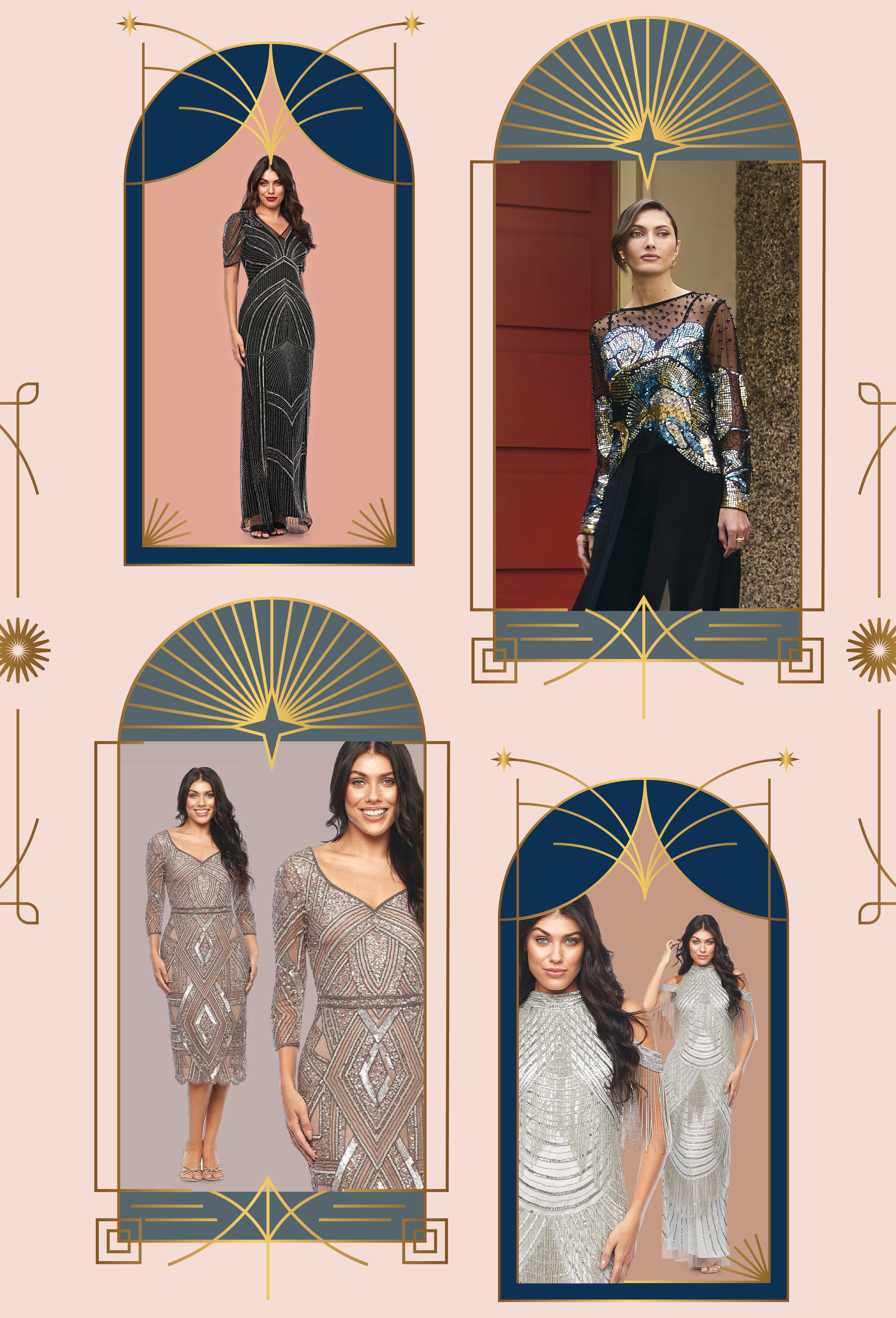 (Top) Jesse Harper Longline Art Deco Gown, sizes 10-24 and Frank Lyman Art Deco Sequin Top, sizes 10-18. (Bottom) Jesse Harper Vee Beaded Dress, sizes 10-20 and Zaliea Deco Gown, sizes 10-20