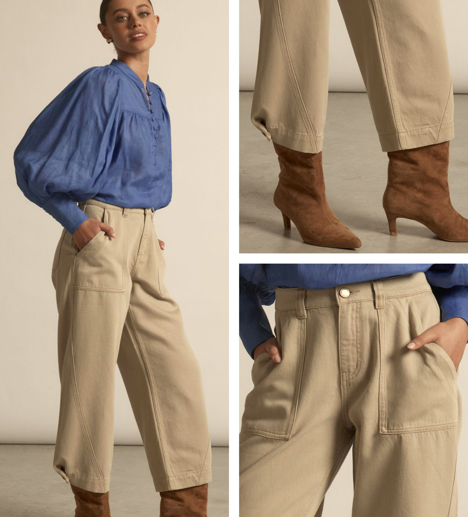 Embark Jeans.  This best-selling style is back in Stone. Curved front seams and a wide-leg shape set these jeans apart, with a buttoned hem that lets you switch to the on-trend barrel-leg silhouette.   Sizes to fit 10-18.