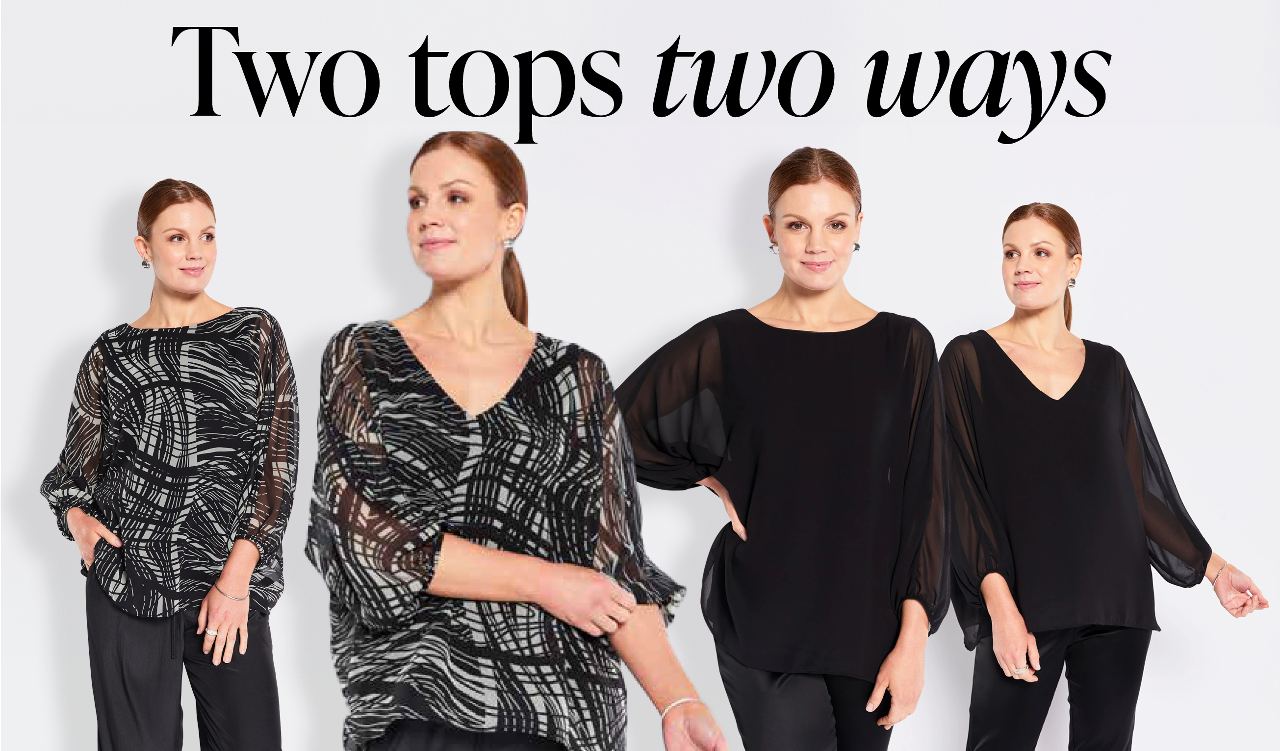 NEW Philosophy  Exclusively ours in NZ  Momentum Crest Reversible Tunic and Bingley Reversible Top, wear with the V front or back to change up your look.   Both available in sizes 10-24. 