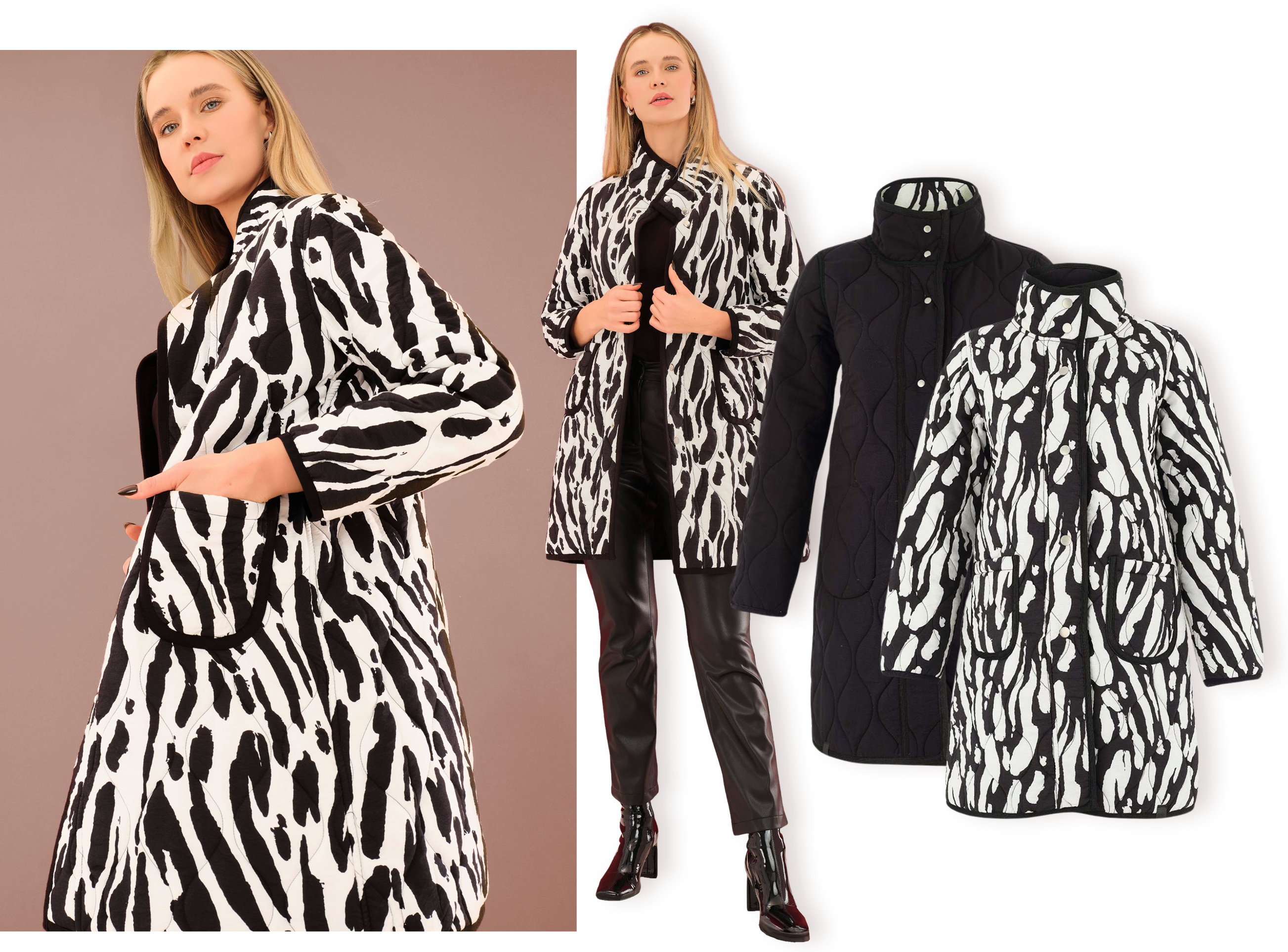 Woven Coat  Bold personality meets everyday practicality. Reversible so you can switch between graphic print or classic Black. Finished with a stand collar, button and zip fastenings, and patch pockets for ease.  Sizes to fit 10-20.
