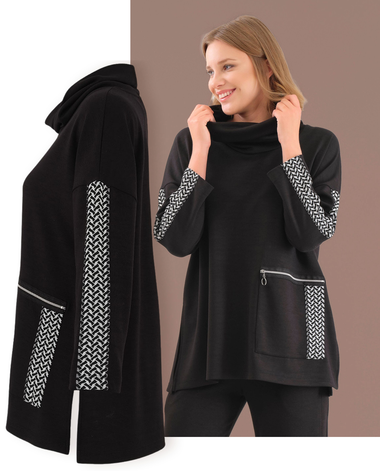 Roll Neck Shirt  An elevated everyday piece. Hip-length with an easy fit, it features long sleeves, front patch pockets and a zip closure. The soft roll neckline keeps it polished for work or weekend.  Sizes to fit 10-20.